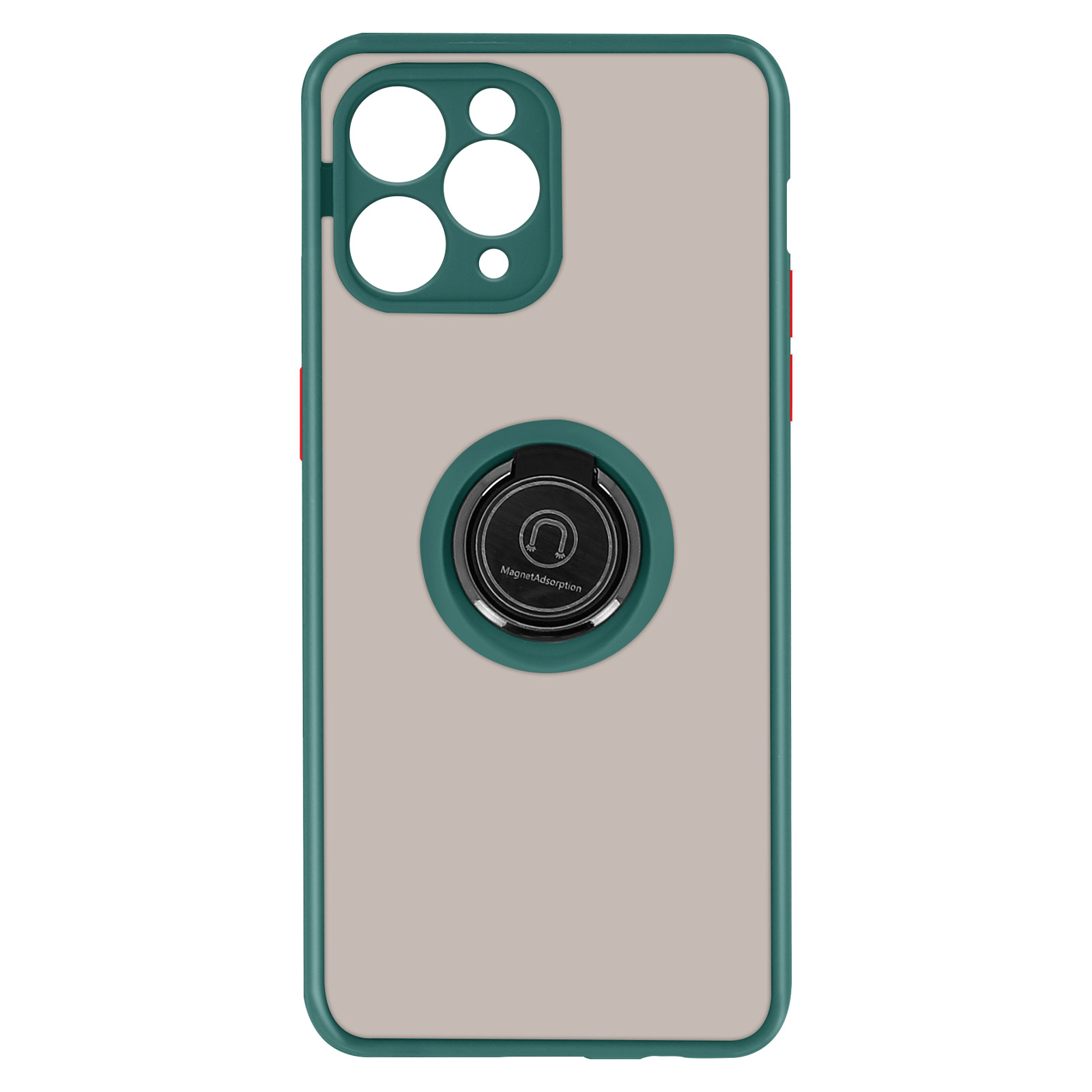 Custodia per telefono beige con bordo verde e supporto ad anello. L'anello ha un magnete.