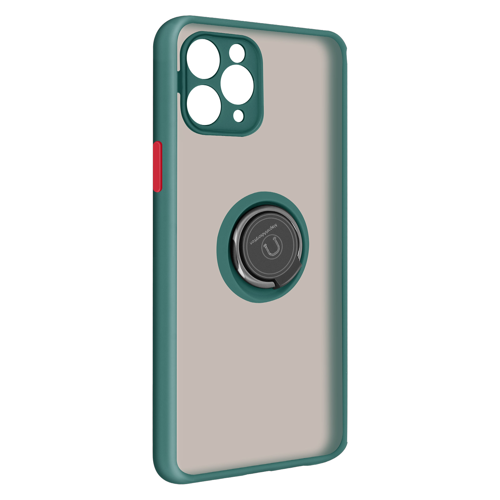 Custodia verde per telefono con anello, su sfondo trasparente. Pulsante rosso sul lato.