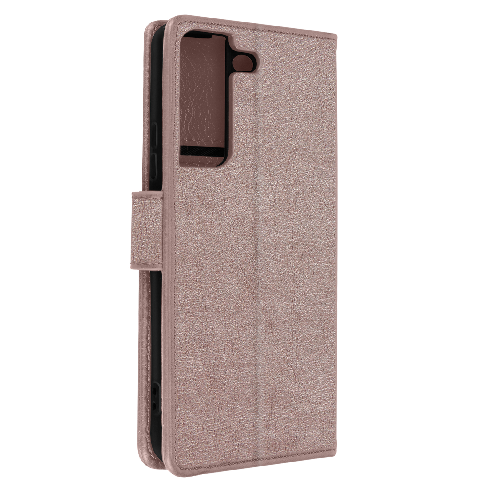Custodia per telefono aperta con superficie strutturata. La custodia ha una chiusura ed è color oro rosa. L'interno è visibile.