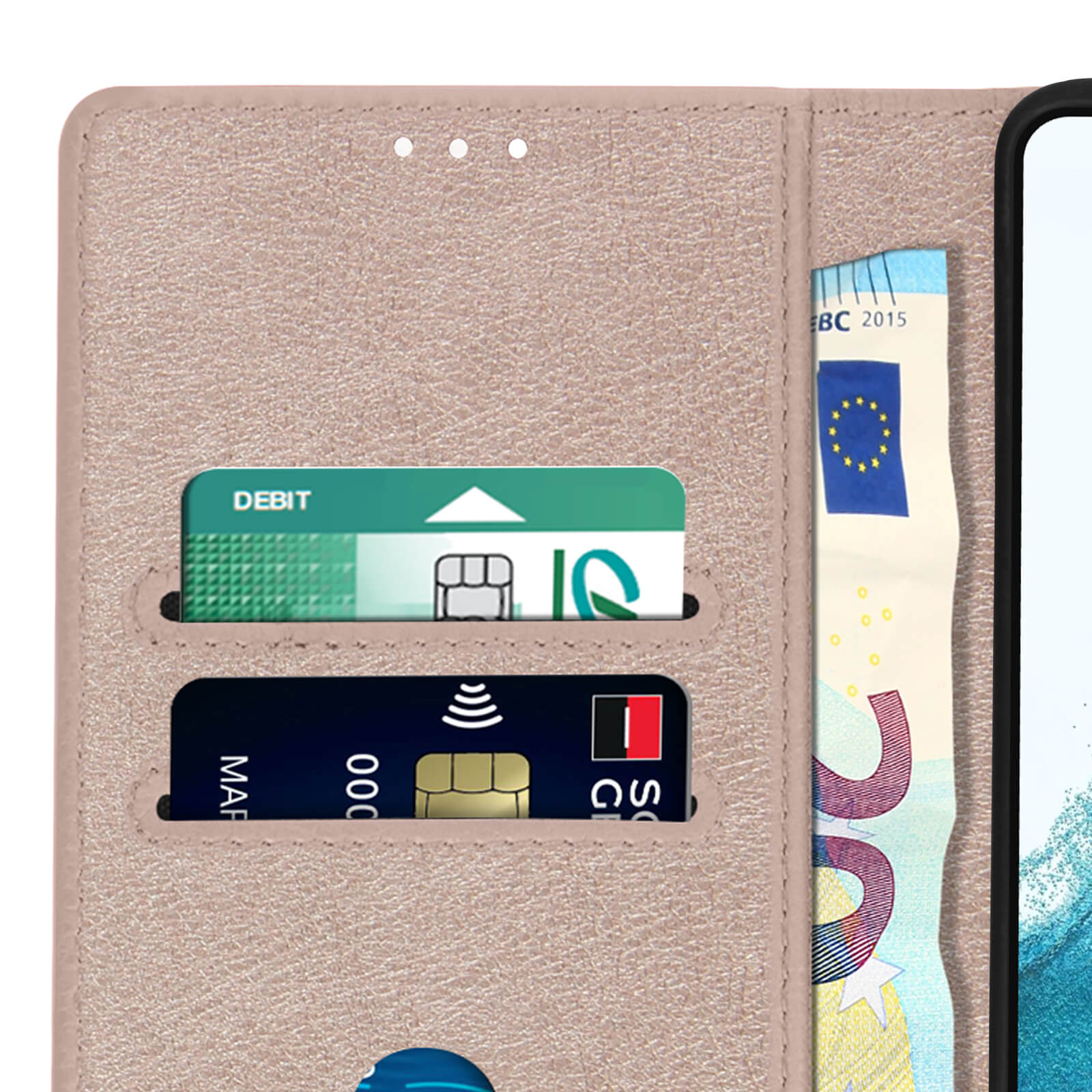 Una custodia per telefono aperta, che mostra carte di credito e denaro.