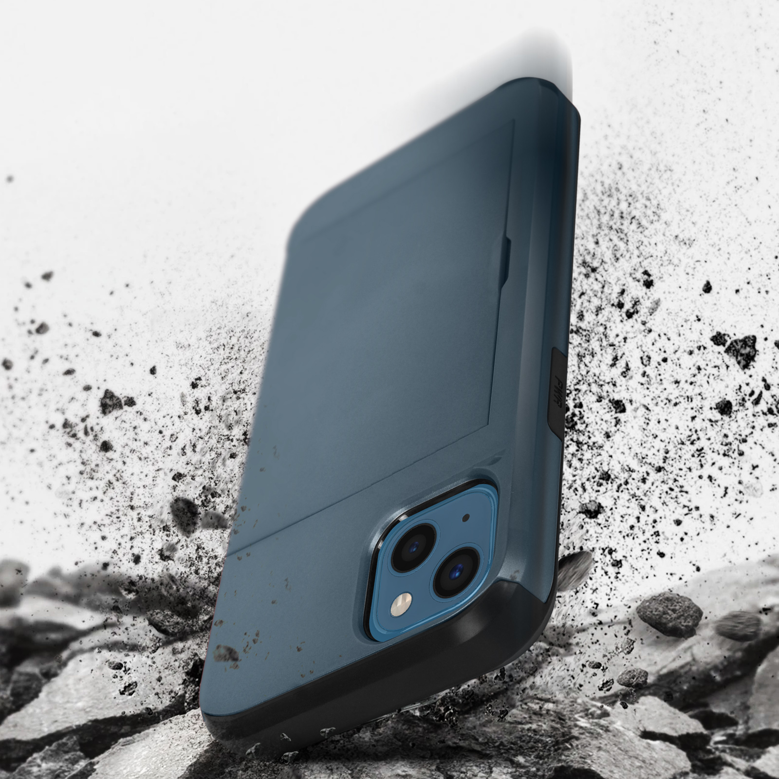 Custodia blu per telefono con bordo nero e detriti.