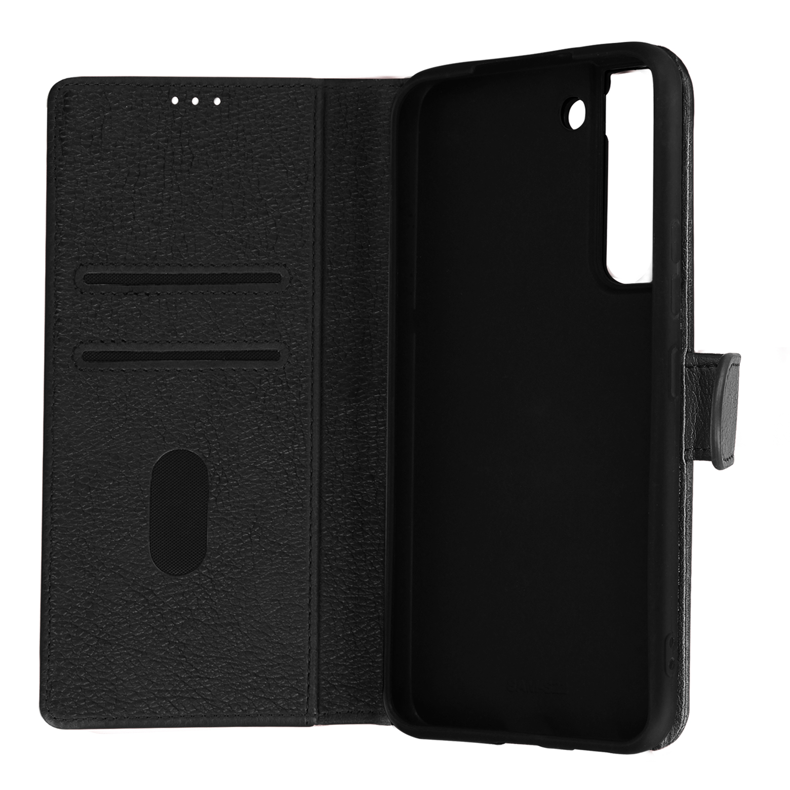 Étui de téléphone en cuir noir, ouvert. L'intérieur révèle un support noir et une fente pour carte.