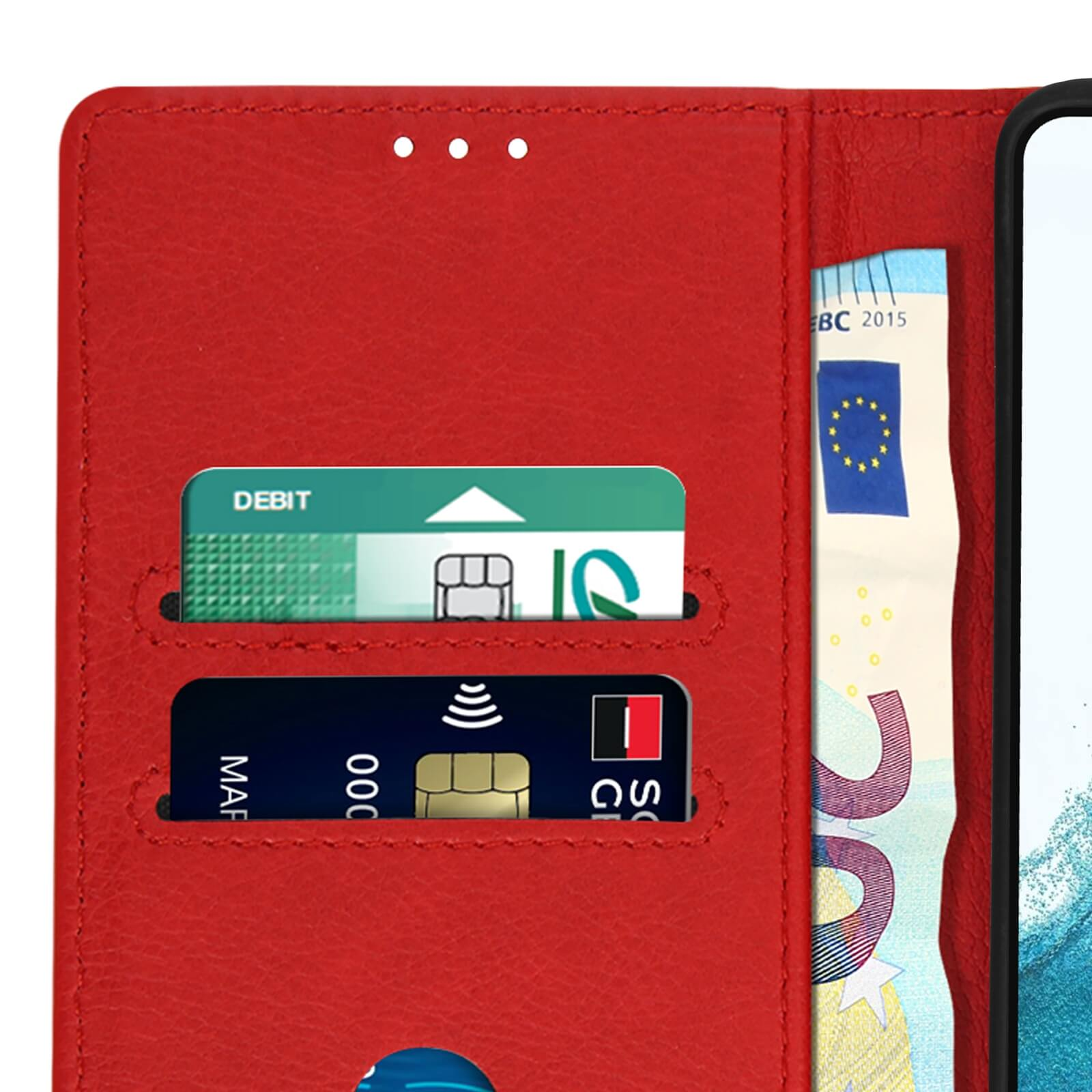 Custodia rossa per telefono con carte e denaro all'interno.