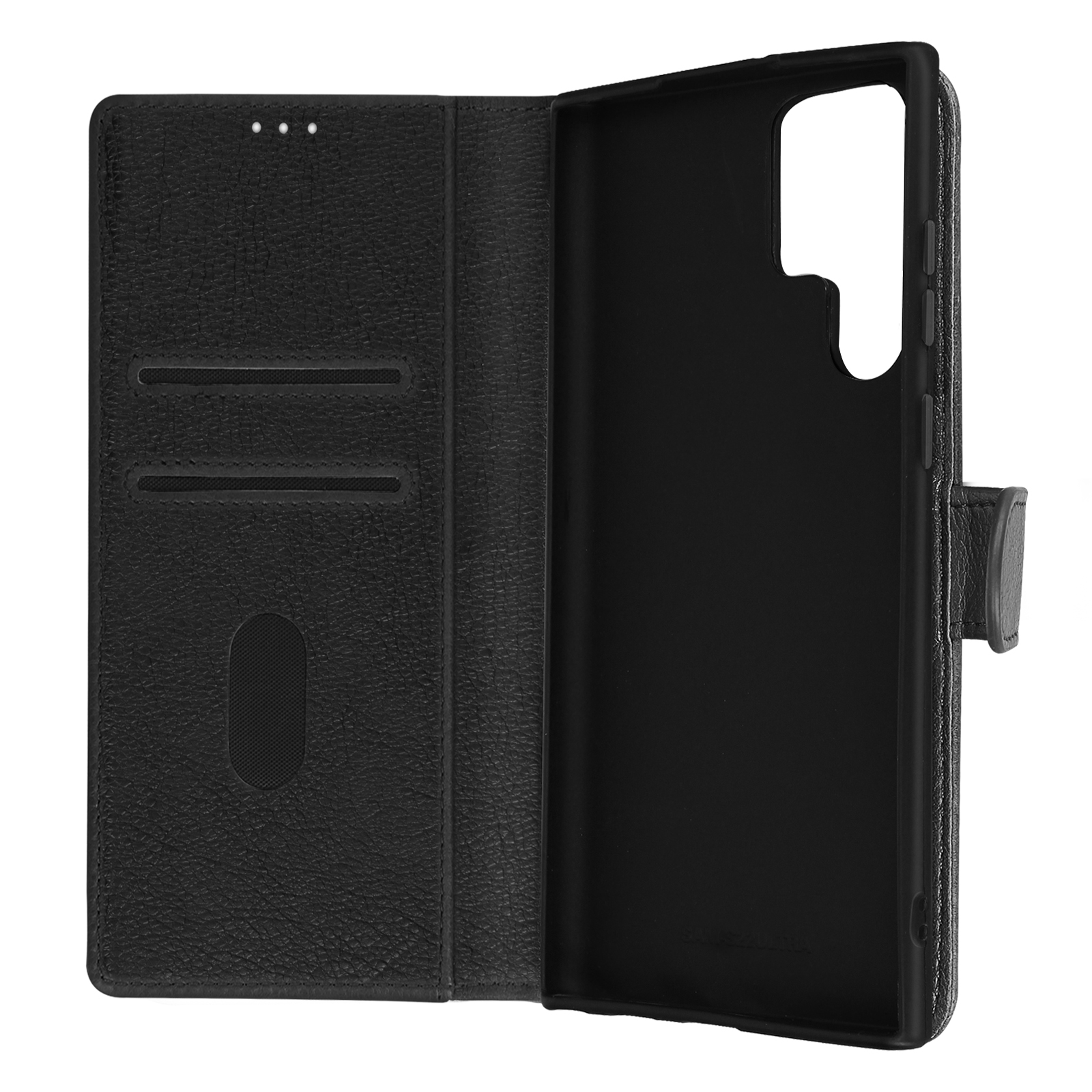 Étui de téléphone noir ouvert, montrant le support noir du téléphone et les emplacements pour cartes, texture cuir.