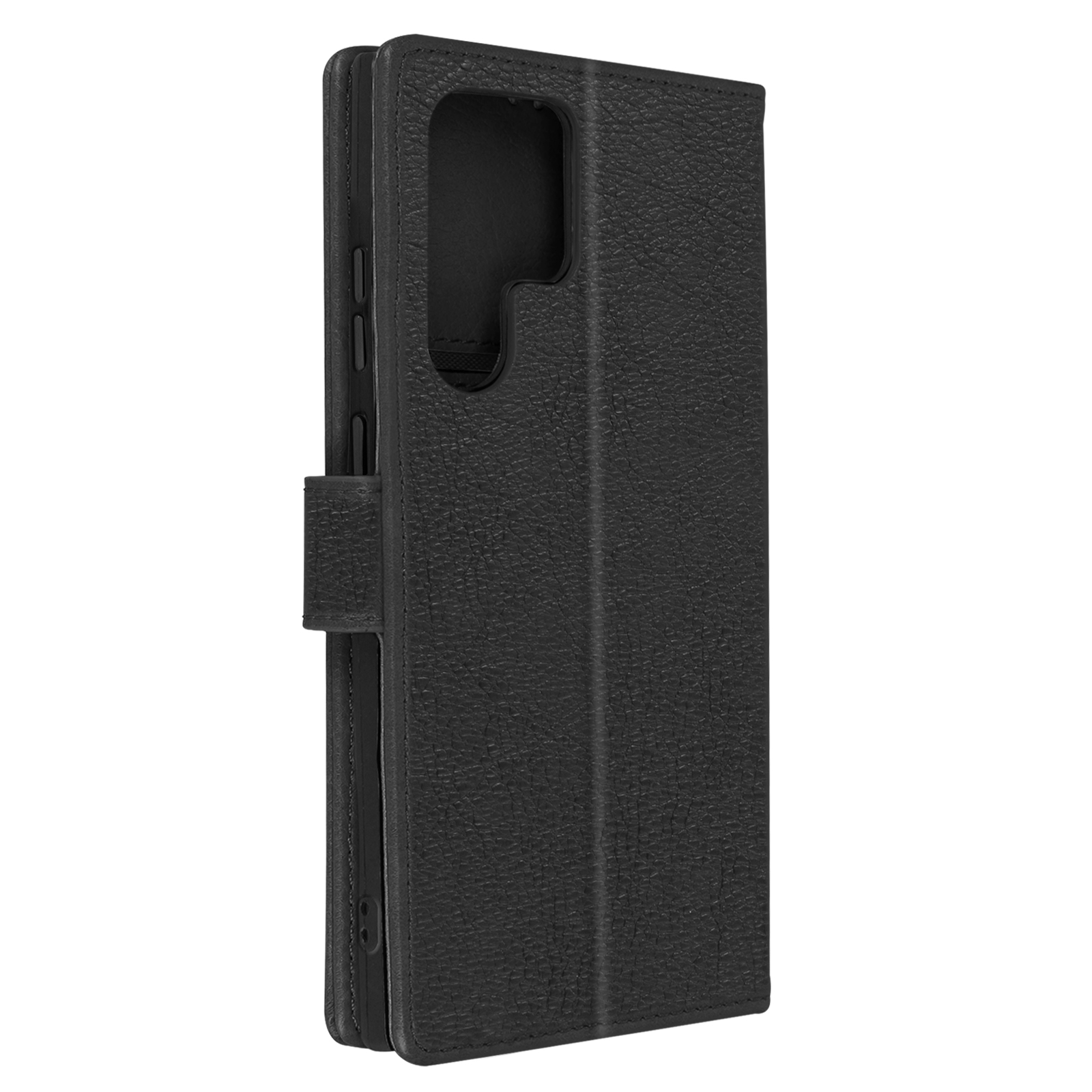 Zwarte leren telefoonhoes gesloten. De hoes heeft een getextureerd oppervlak en een magnetische sluiting.