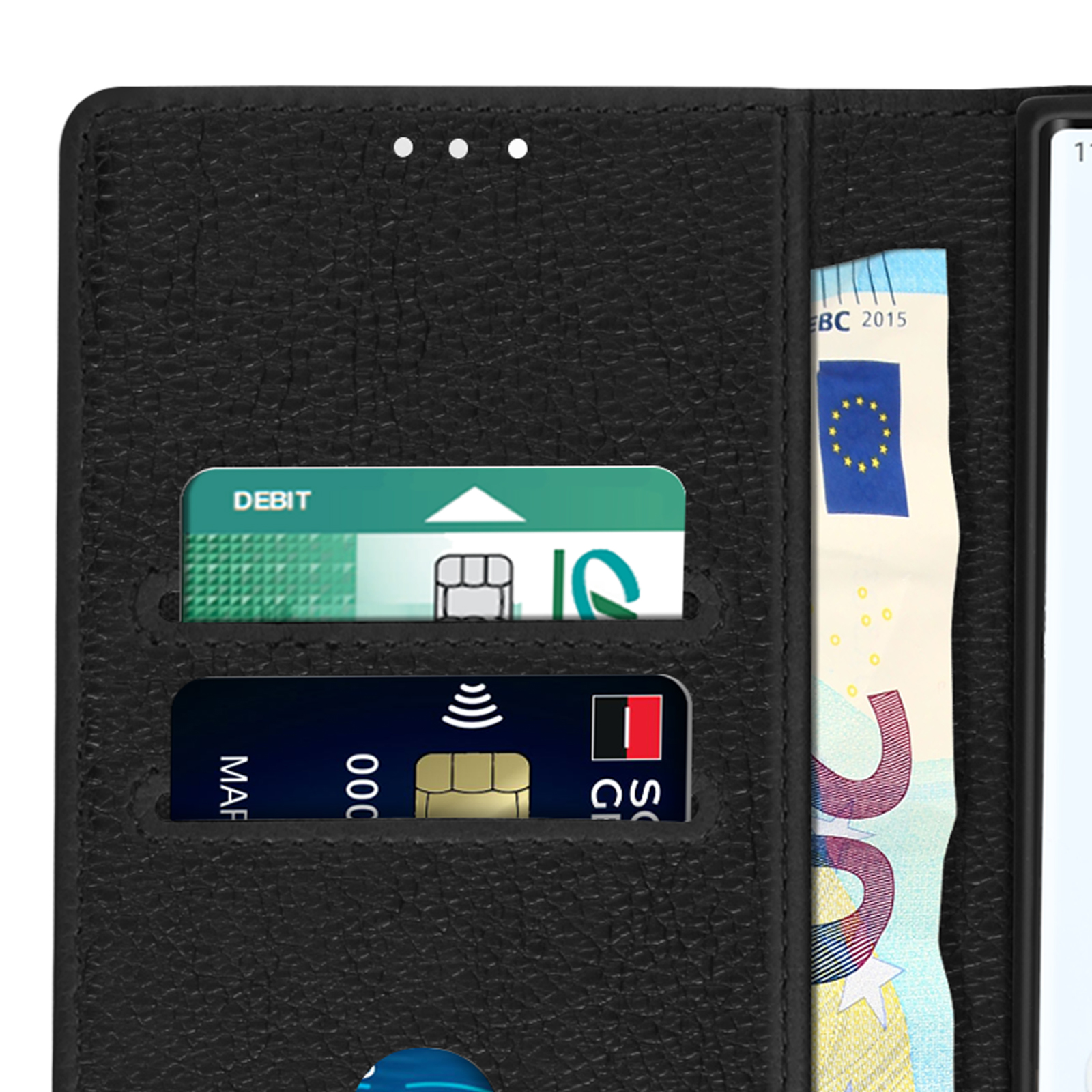 Open telefoonhoesje met kaarten en een biljet.