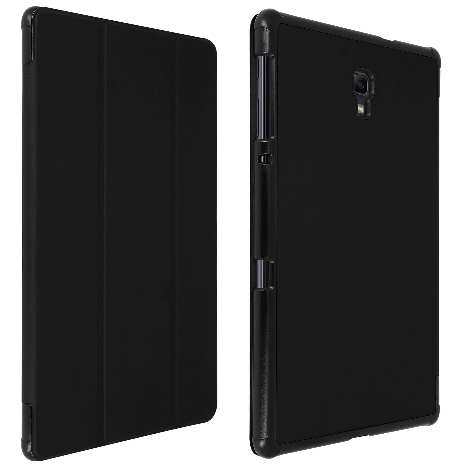 Una custodia nera per tablet, aperta a destra. Il tablet e la custodia sono visibili.