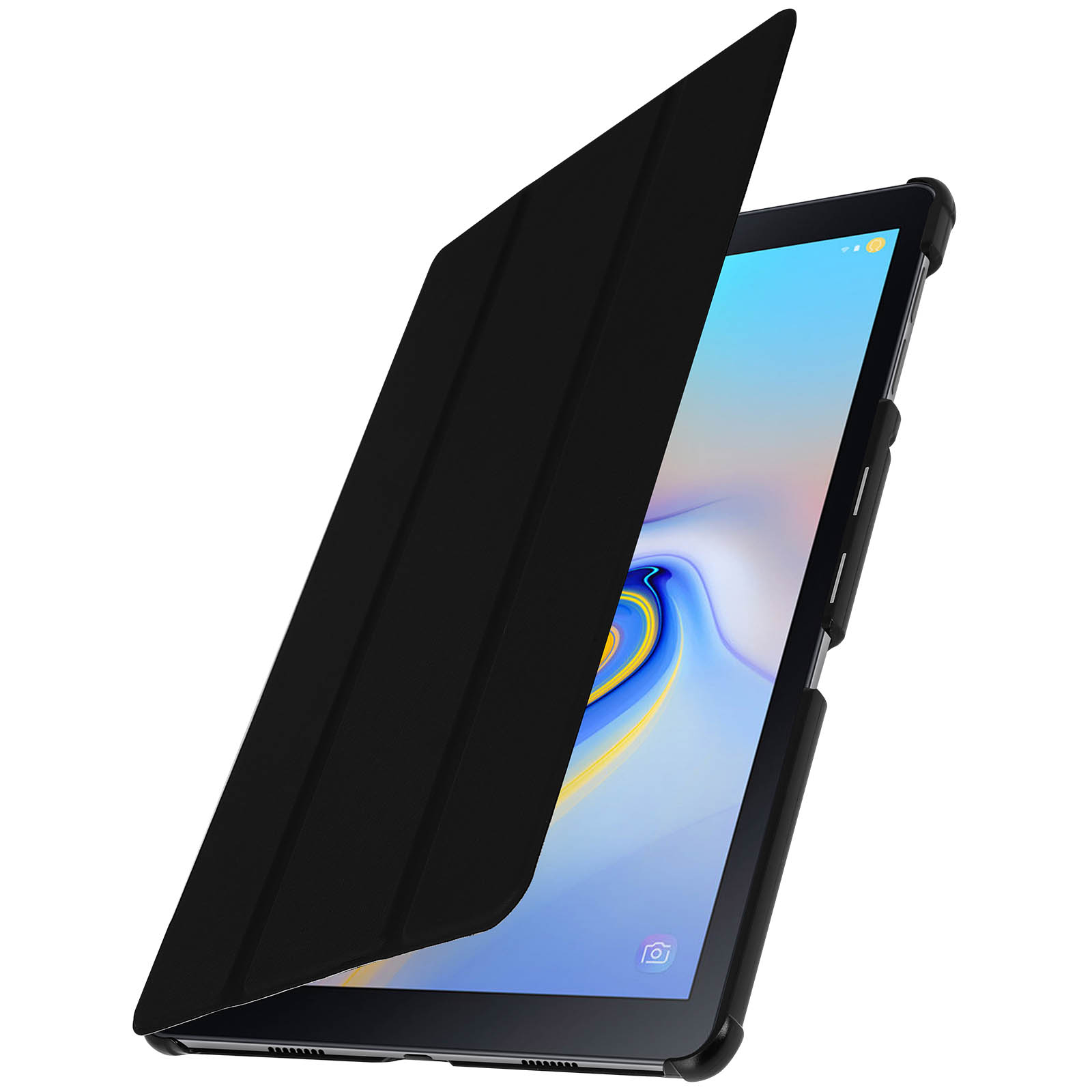 Tablet in custodia nera, aperto. Lo schermo del tablet è visibile, sfondo blu.