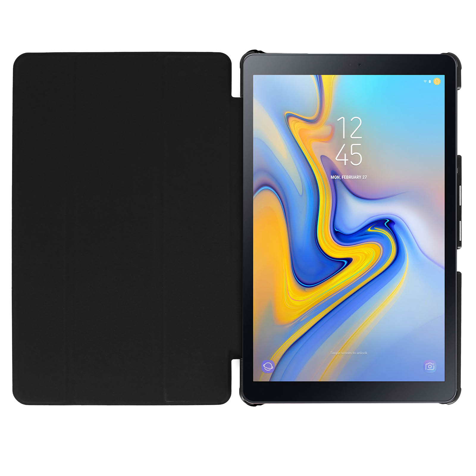 Tablet su supporto, all'interno di una custodia nera, che mostra lo schermo con ora e data.