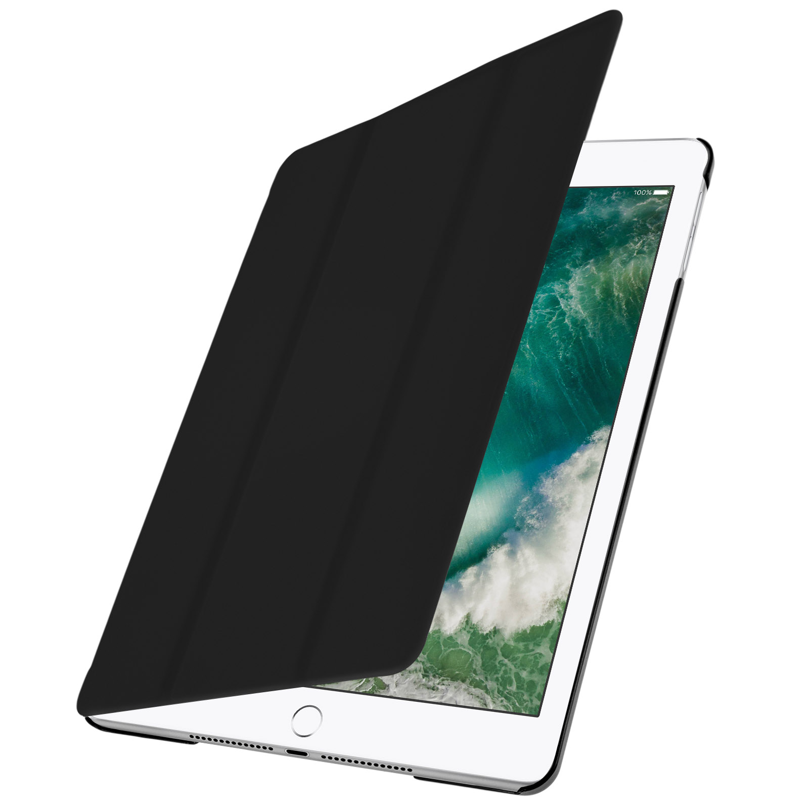 iPad con una cover nera. La cover è aperta, rivelando lo schermo e il tablet.
