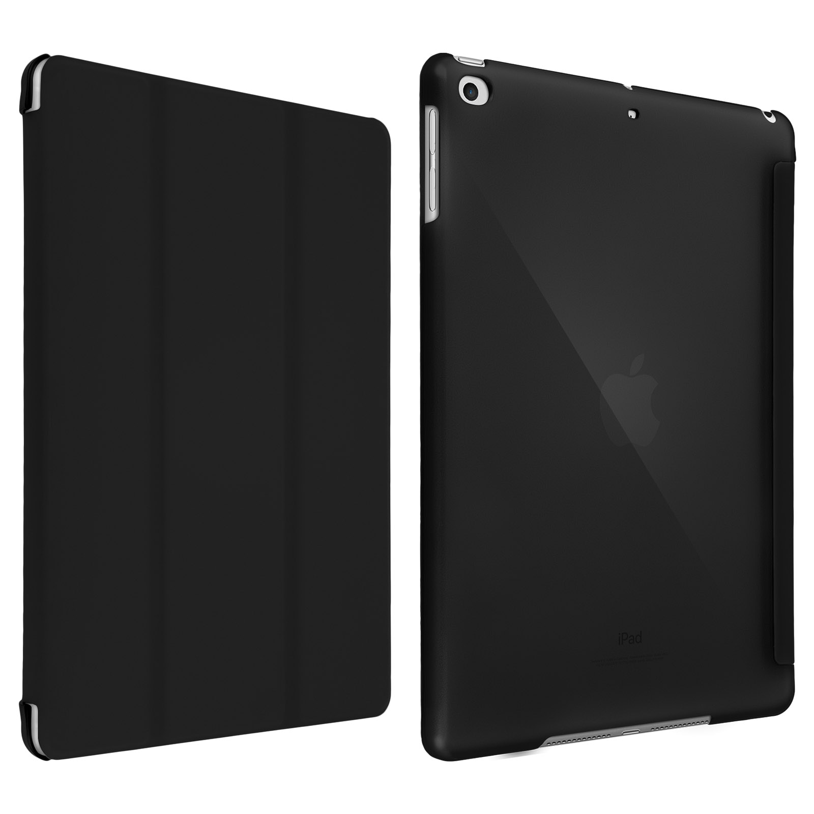 Custodia nera per iPad, chiusa e aperta. Il logo Apple è visibile sul retro.