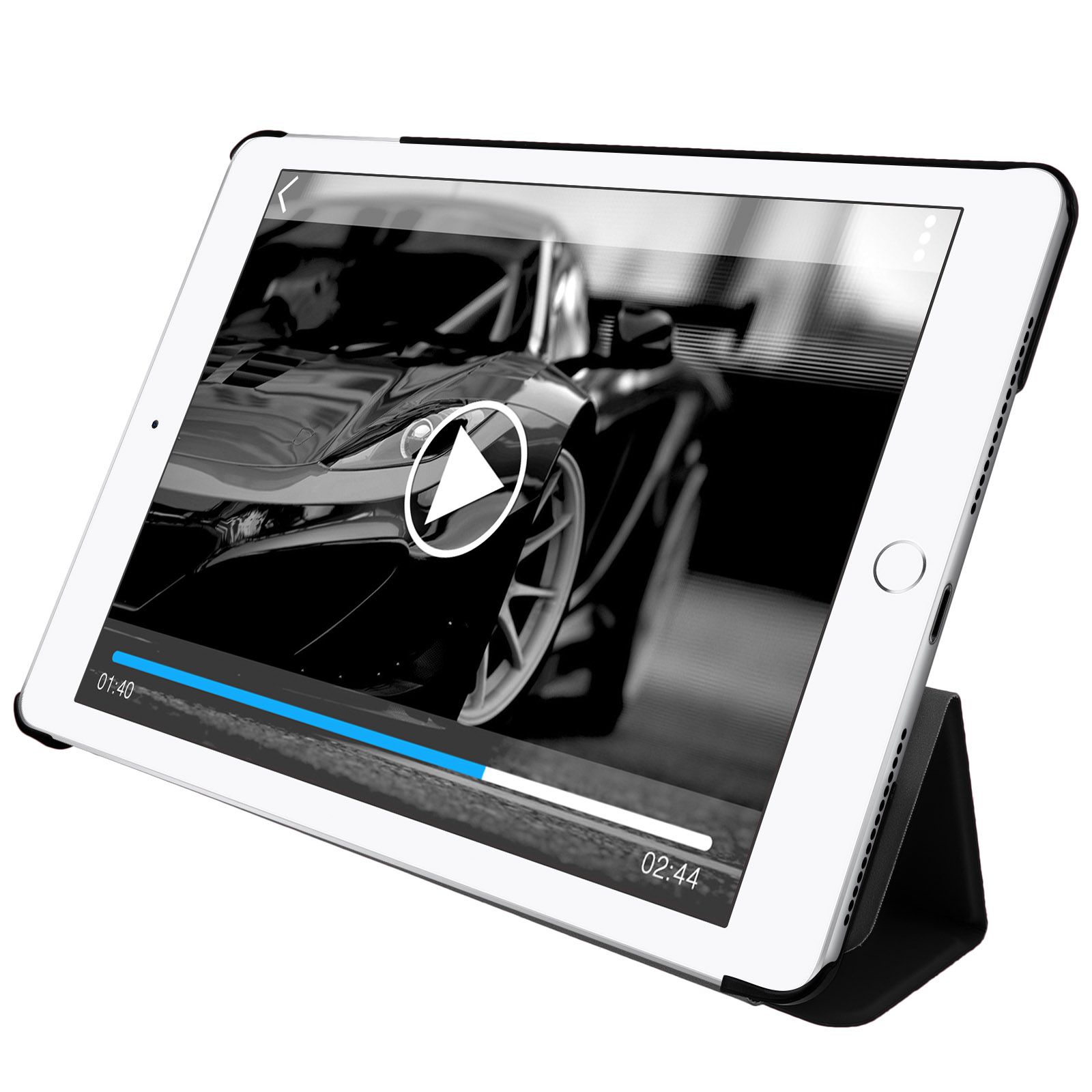 iPad bianco in custodia nera, che mostra un video con pulsante play, su un supporto.