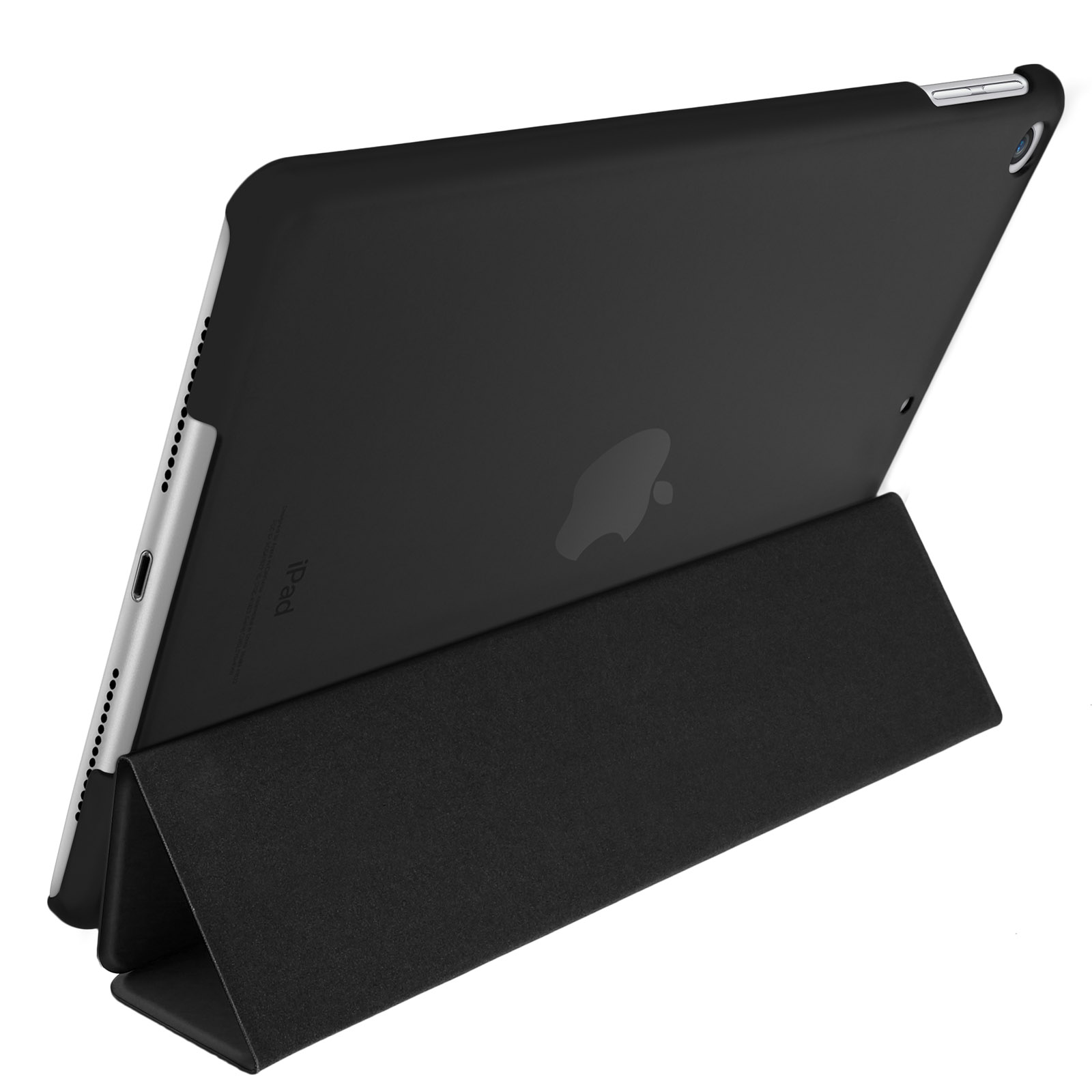 iPad nero con una cover nera in un supporto, che mostra il retro con logo e porta.