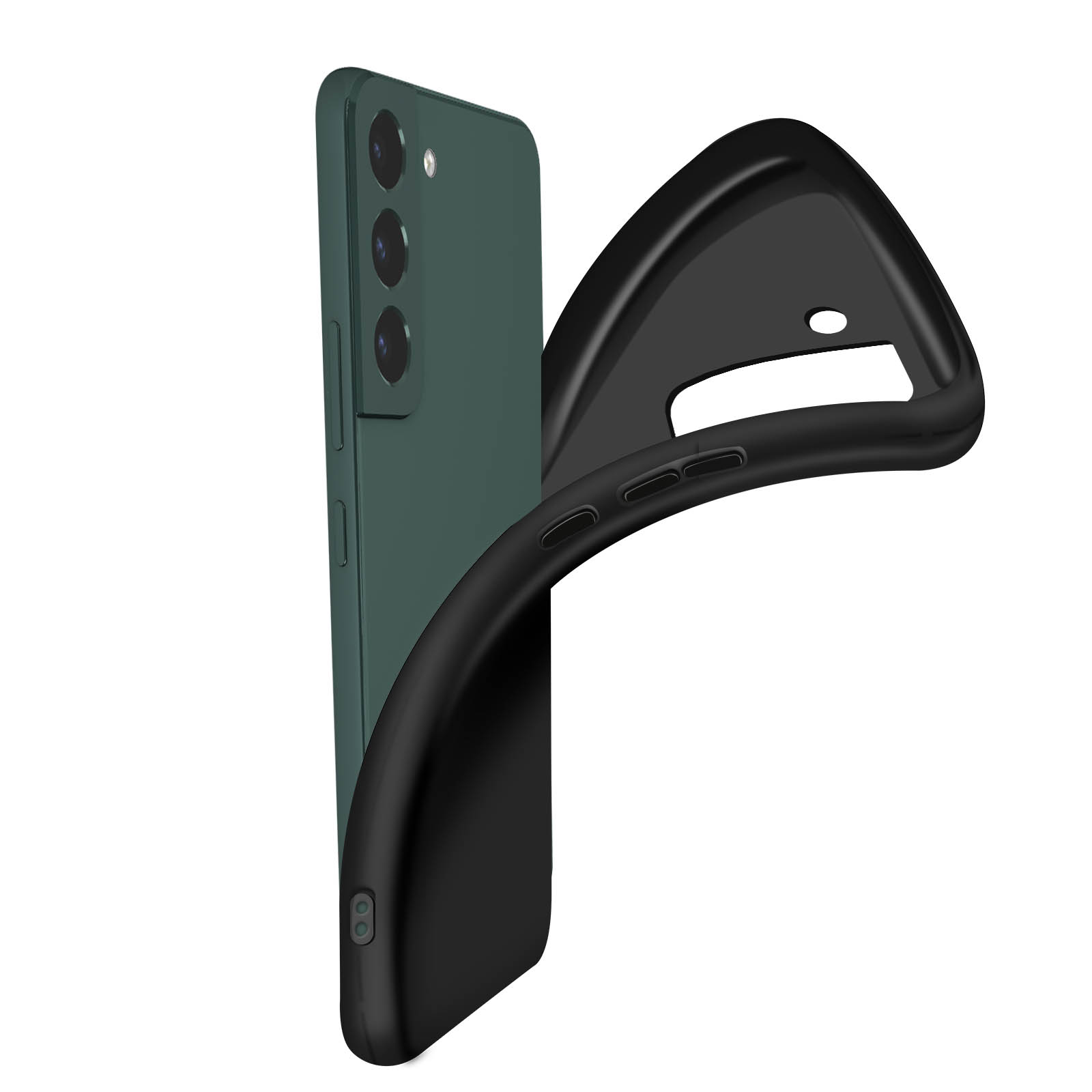 Telefono e custodia nera per telefono. Il telefono è verde e la custodia è flessibile e aperta.