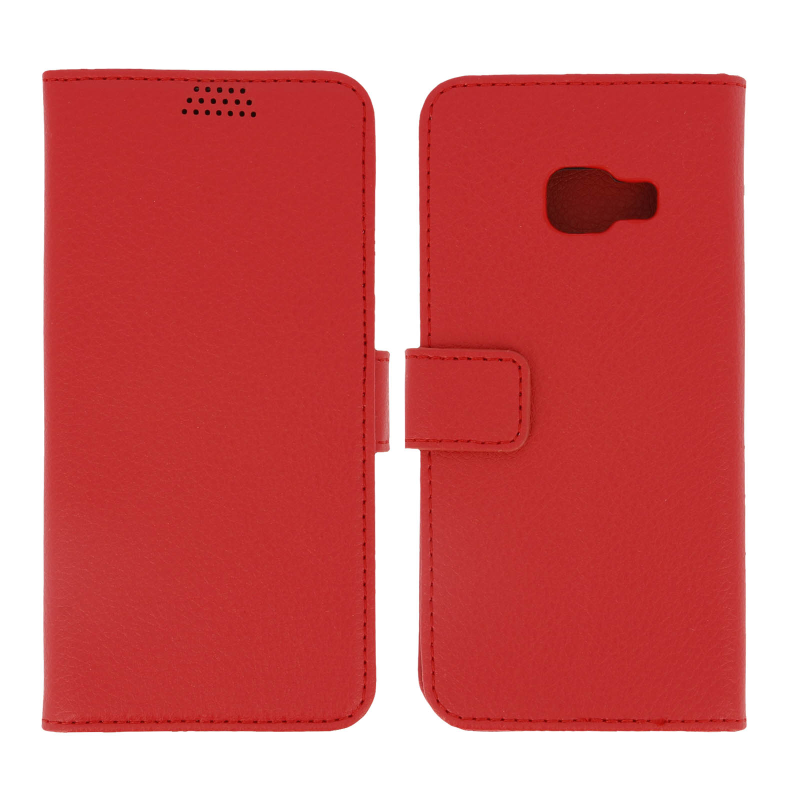 Custodia per telefono rossa, aperta, che mostra l'interno. La custodia ha una chiusura magnetica.