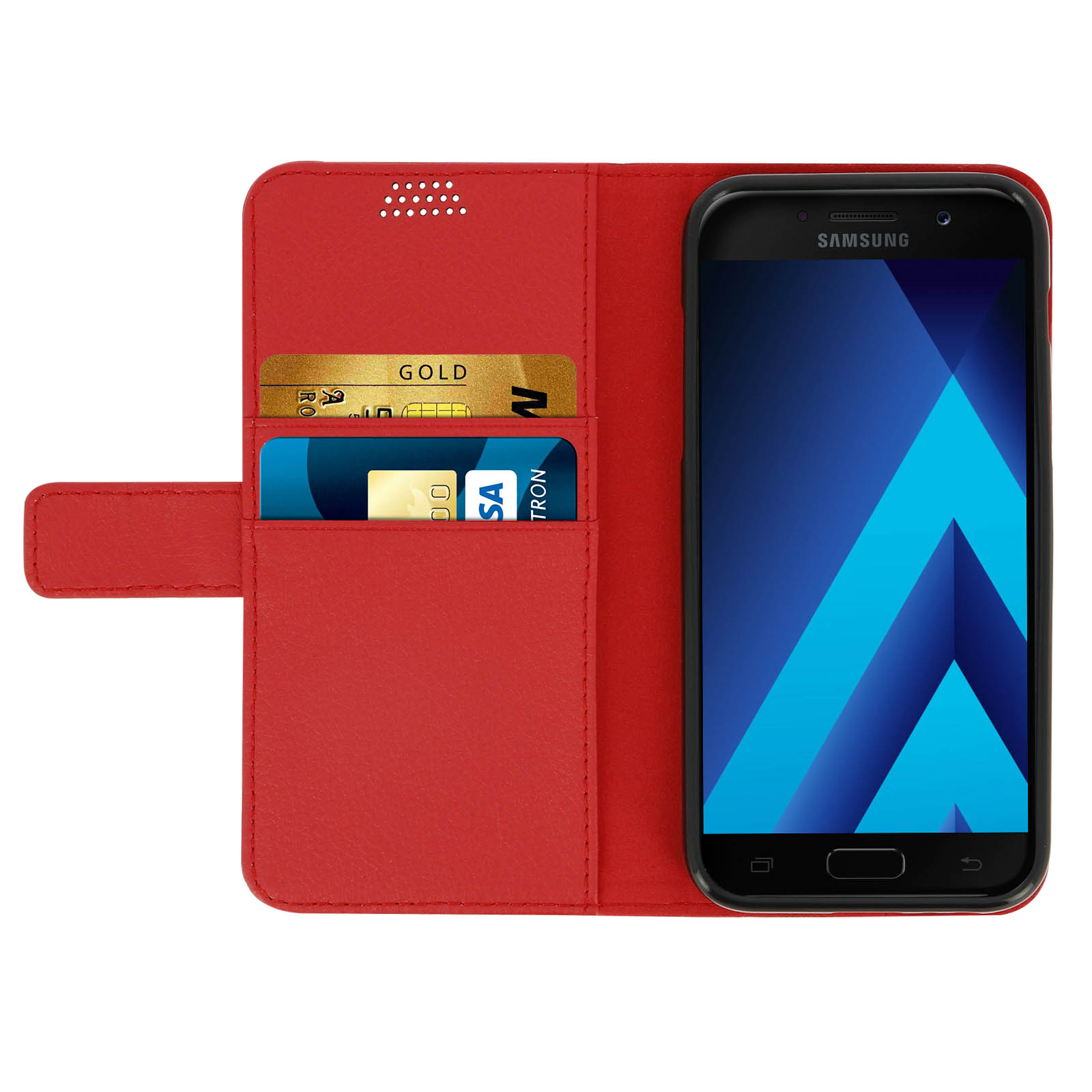 Custodia a portafoglio rossa con telefono all'interno, mostra gli scomparti per carte di credito.