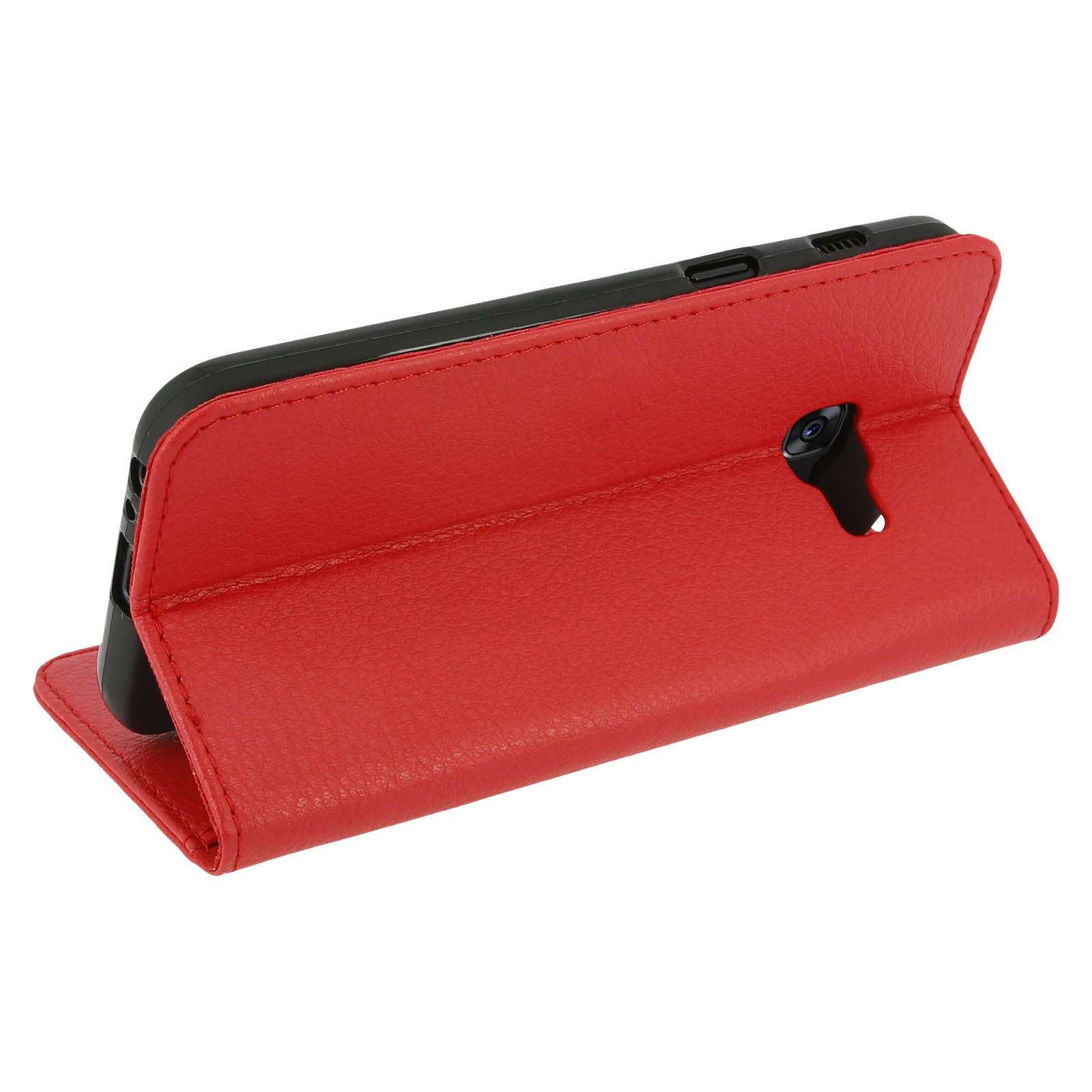 Custodia rossa per telefono, aperta, con telefono nero dentro. Materiale rosso similpelle. Sfondo bianco.