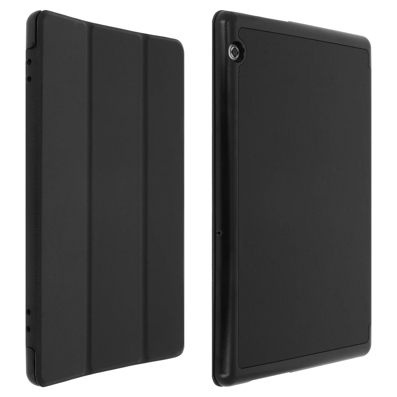 Custodia per tablet nera, chiusa e aperta che mostra schermo e fotocamera.