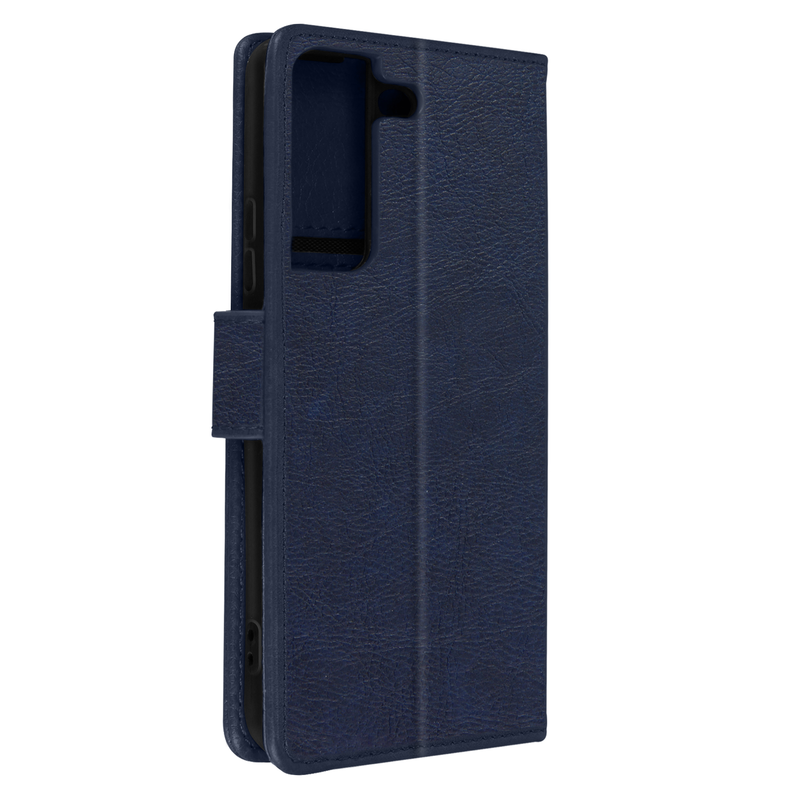 Custodia per telefono in pelle blu, chiusa. Ha una chiusura magnetica e un aspetto strutturato.
