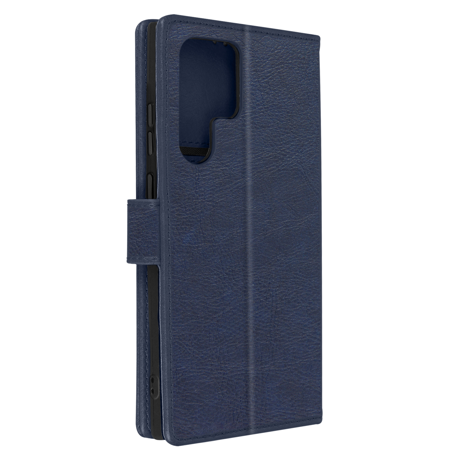 Una custodia per telefono blu scuro chiusa. La custodia è strutturata e sembra essere in pelle o materiale simile.
