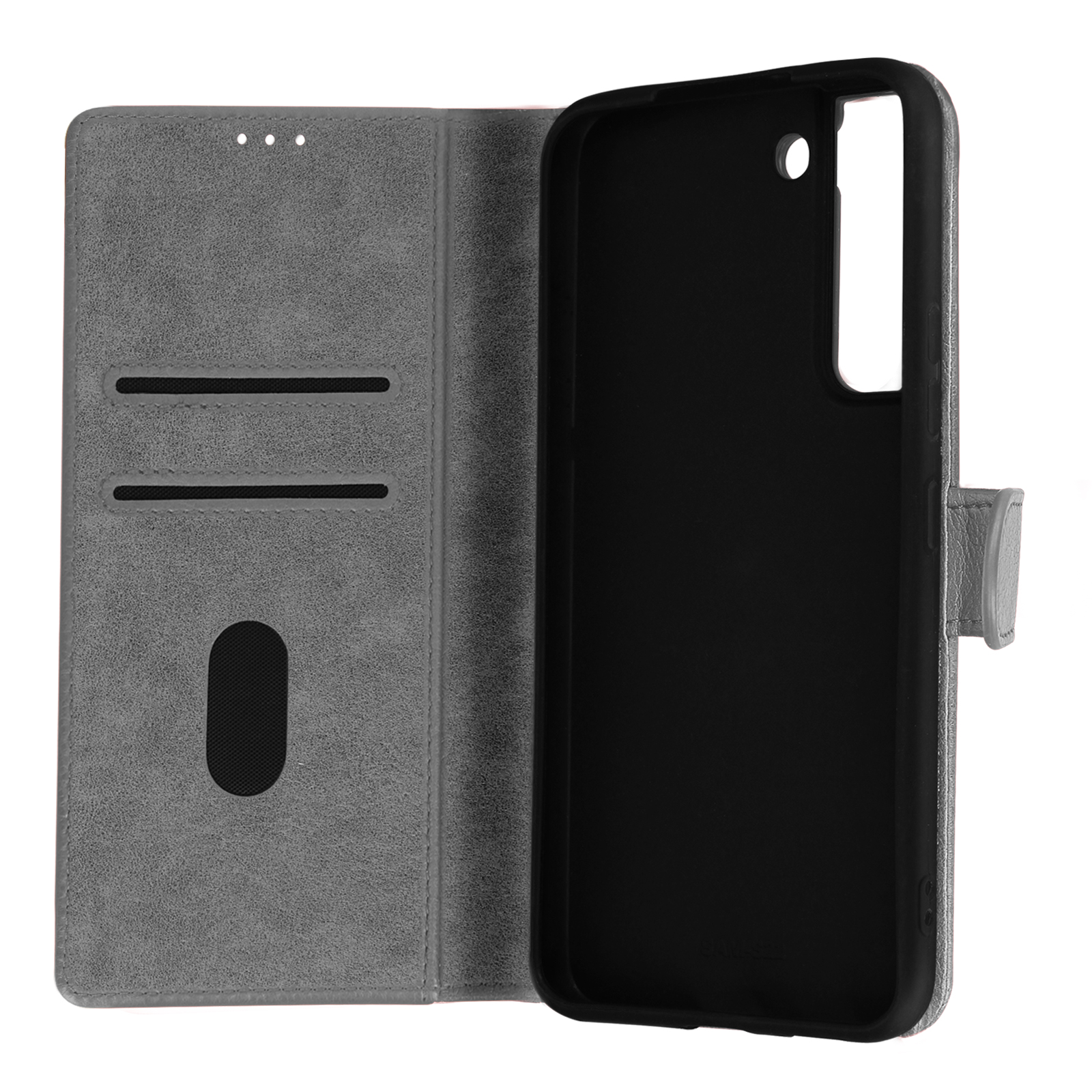 Custodia grigia per telefono, aperta, che rivela l'interno nero del telefono, fessure per carte, stile portafoglio.