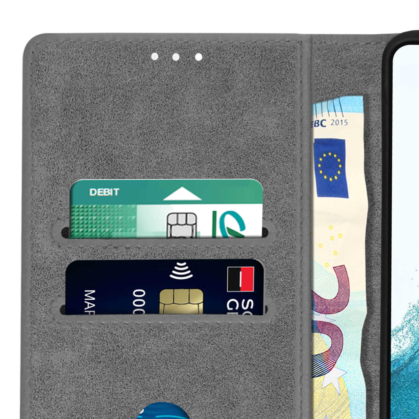 Custodia grigia per telefono con carte di credito e contanti. C'è un telefono all'interno.