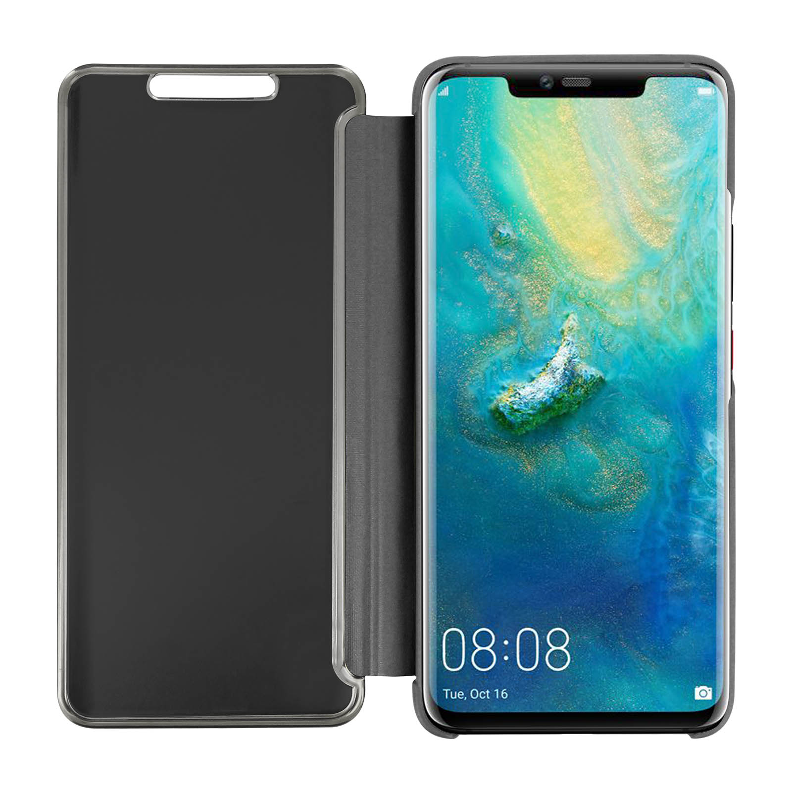Telefono in custodia aperta. Lo schermo mostra l'ora e la data. La custodia è nera e aperta.