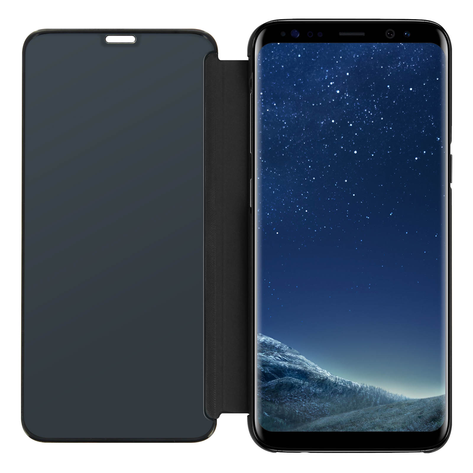 Telefono con custodia, mostra cielo stellato. Custodia scura, aperta. Superficie nera.