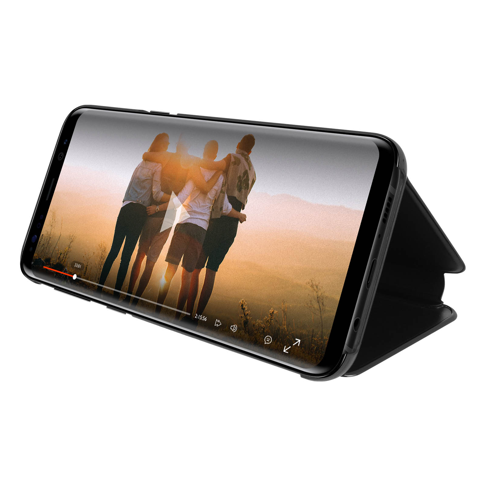 Un tablet che mostra un video di persone. Il tablet è su un supporto. Lo sfondo è una stanza.
