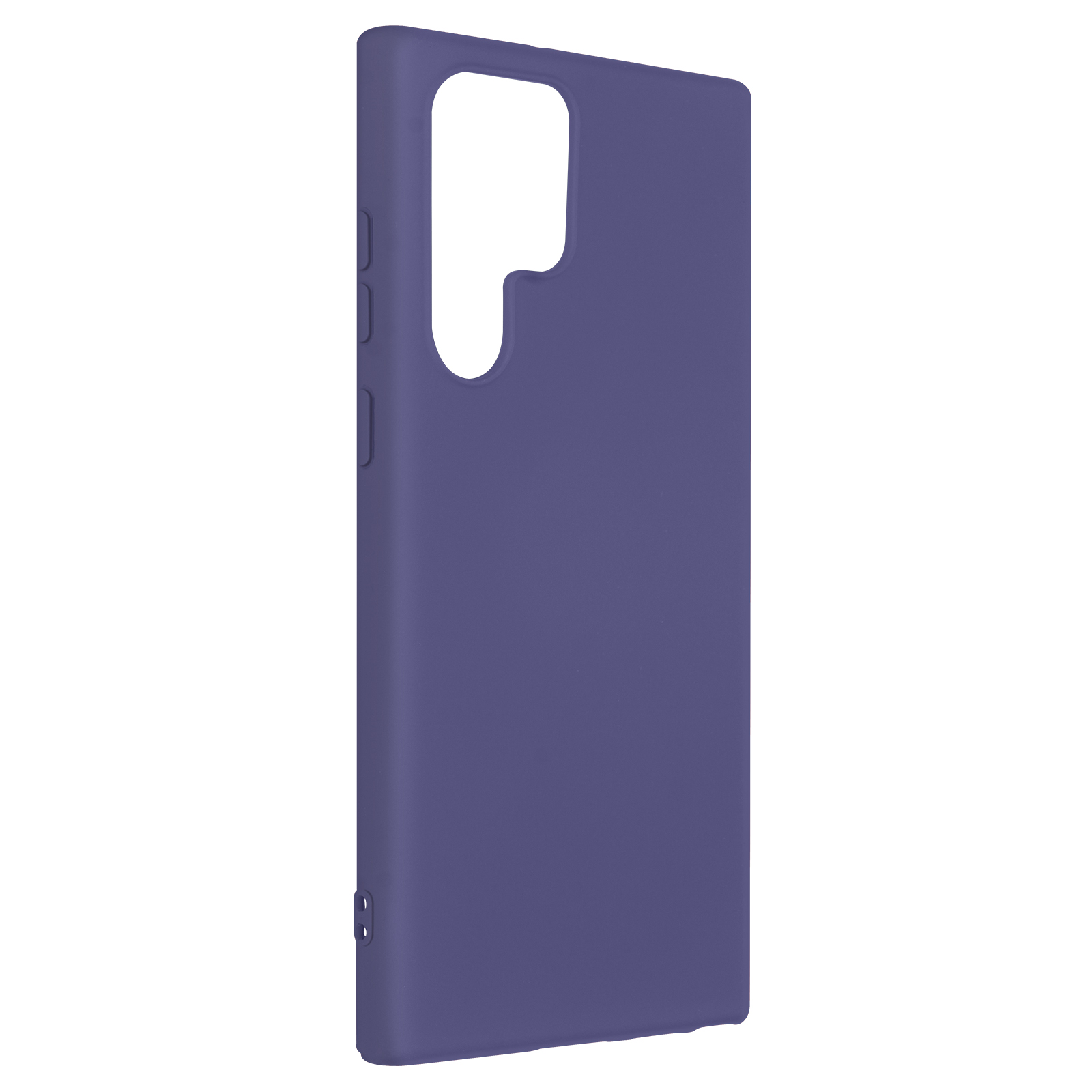 È mostrata una custodia viola per telefono. La custodia ha un ritaglio per la fotocamera. Lo sfondo è bianco.