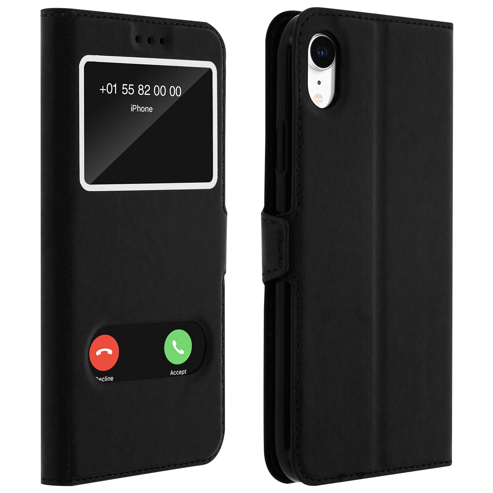 Custodia nera per telefono con finestra, che mostra la schermata delle chiamate. Pulsanti rifiuta e accetta. Display chiamate con numero e iPhone.