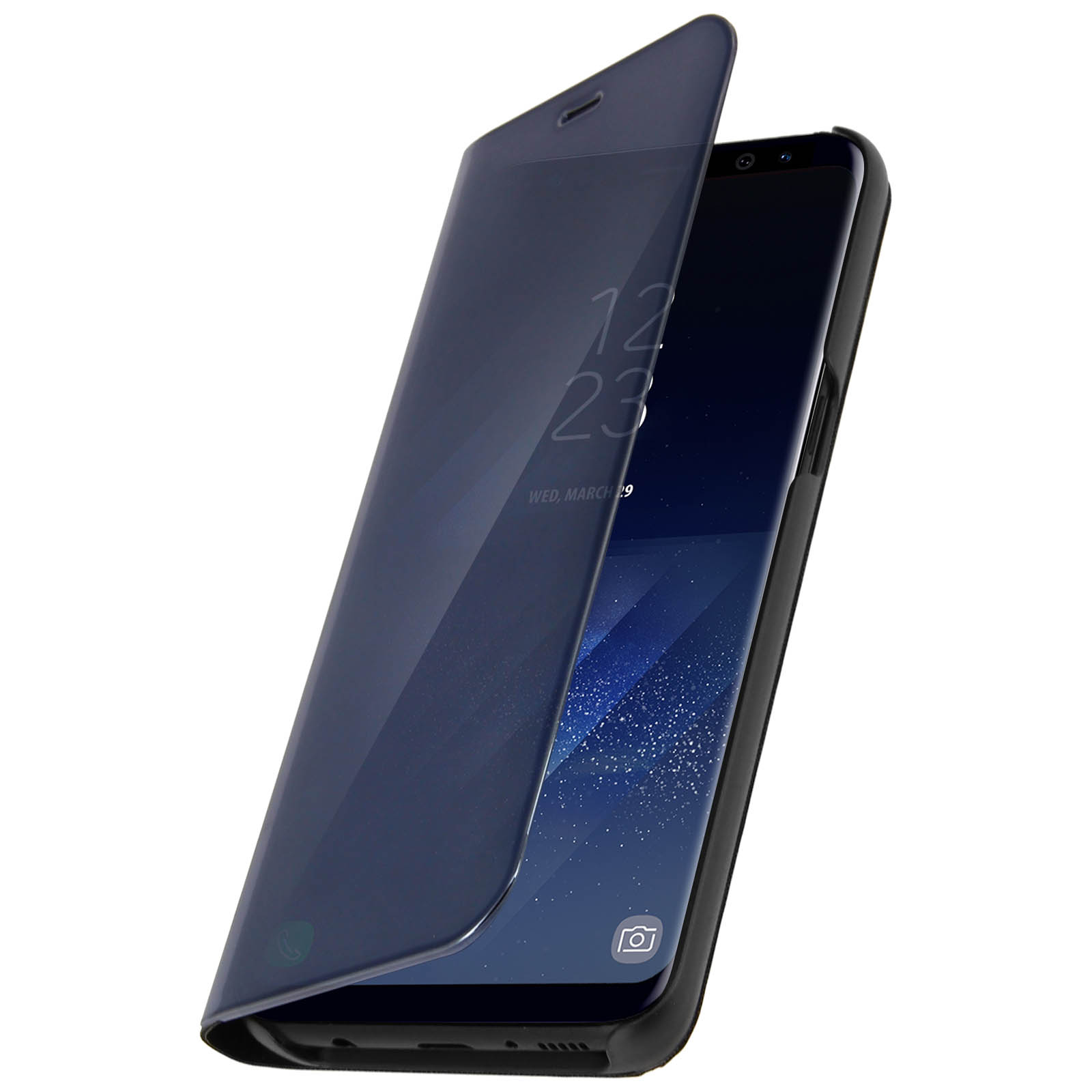 Telefono in custodia blu con cover a ribalta. Lo schermo mostra data e ora.