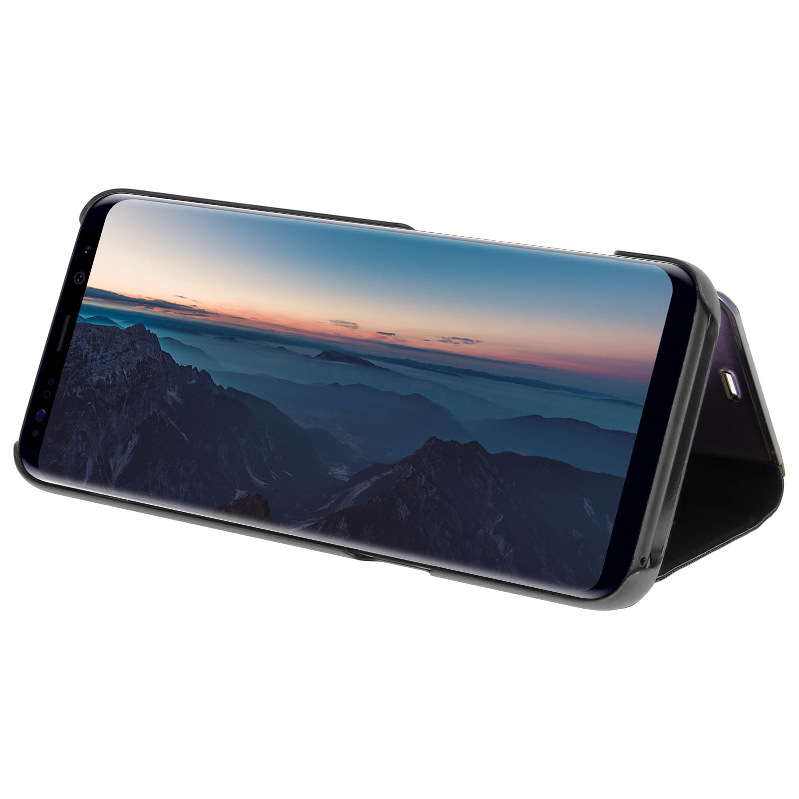 Uno smartphone in una custodia nera mostra un'immagine del paesaggio. La custodia è aperta.