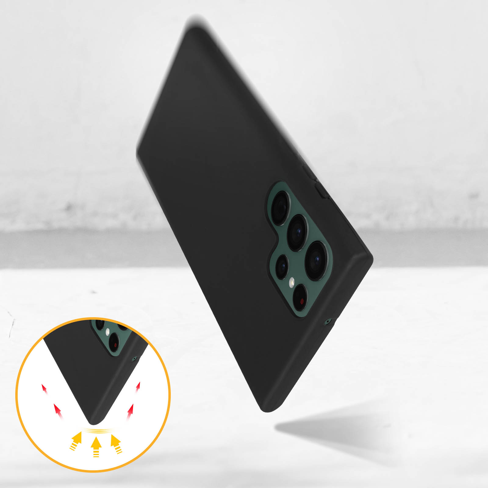 Custodia nera per telefono fluttuante. Configurazione multi-camera. Frecce rosse indicano protezione angolare.
