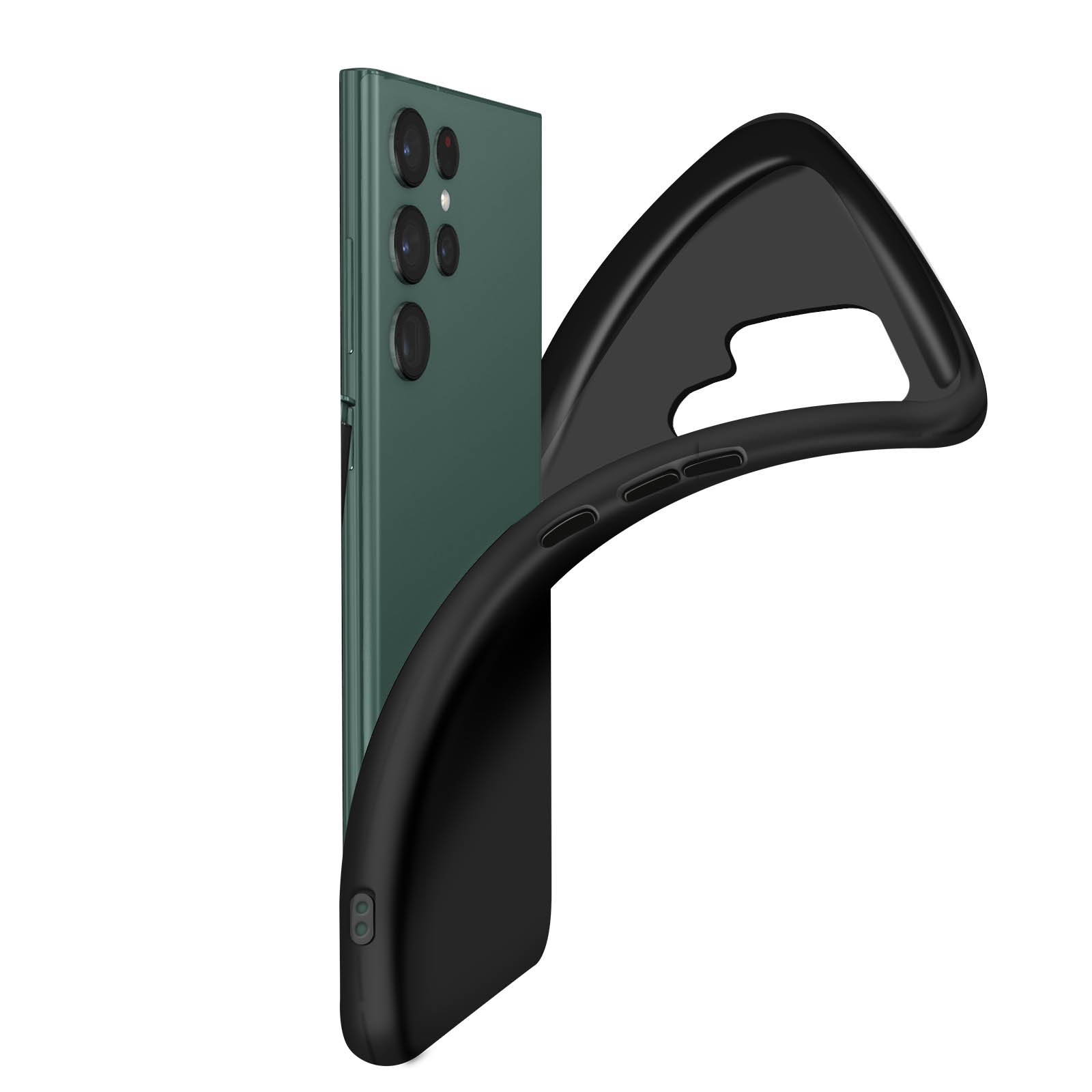 Telefono verde con custodia protettiva nera. La custodia è parzialmente rimossa, mostrando il telefono.