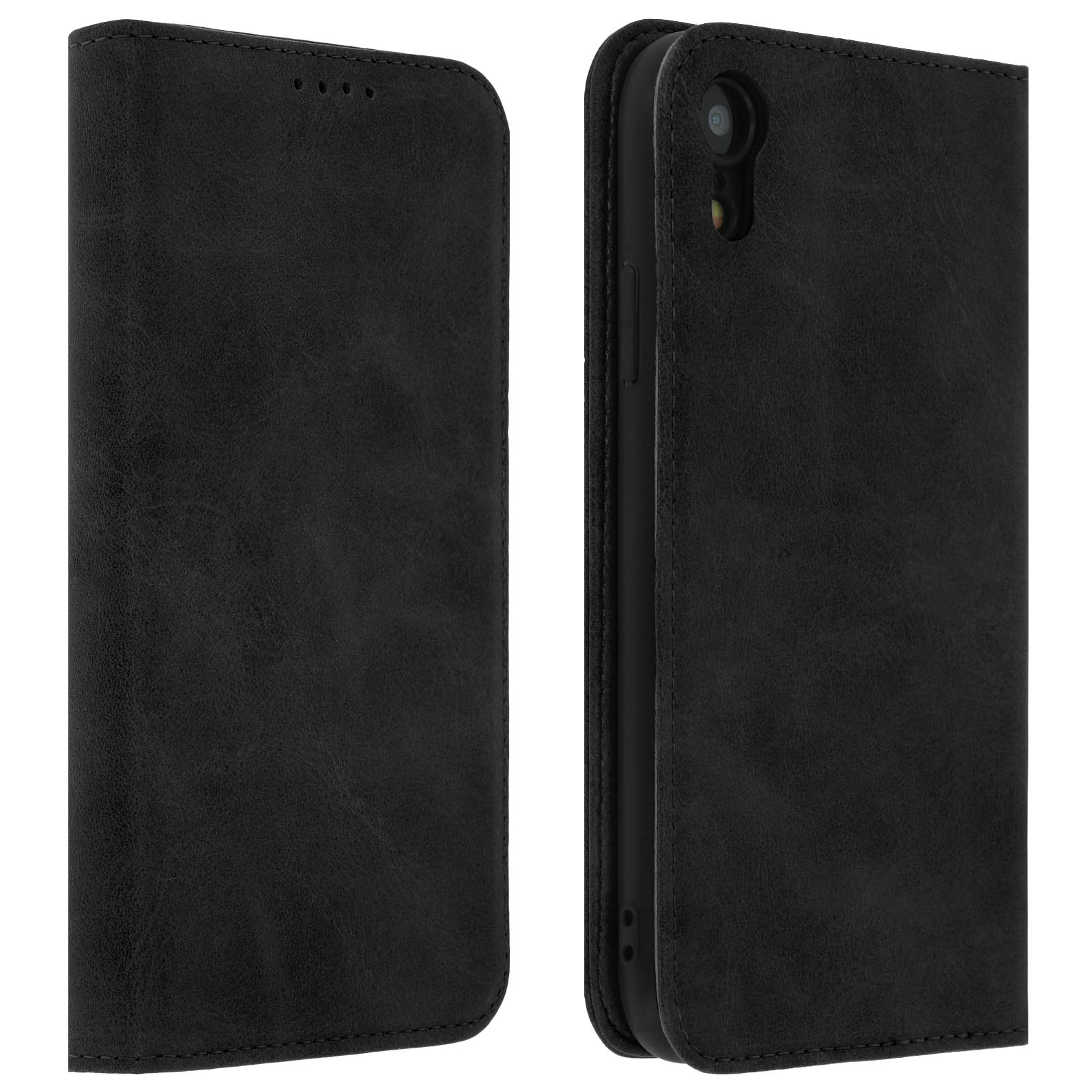 Custodia per telefono nera, aperta, che mostra l'interno e gli scomparti per carte. Materiale simile alla pelle.