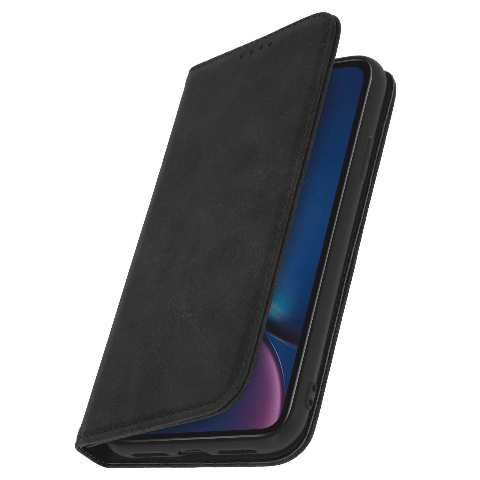 Custodia per telefono nera, aperta, che mostra lo schermo del telefono. La custodia sembra essere in pelle.