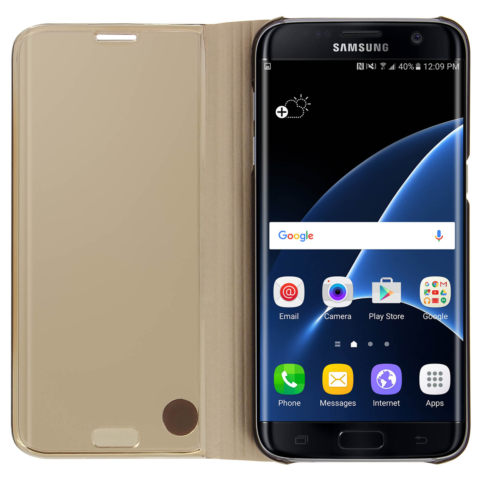 Custodia aperta, schermo visibile. Samsung in custodia dorata. Barra di ricerca Google.