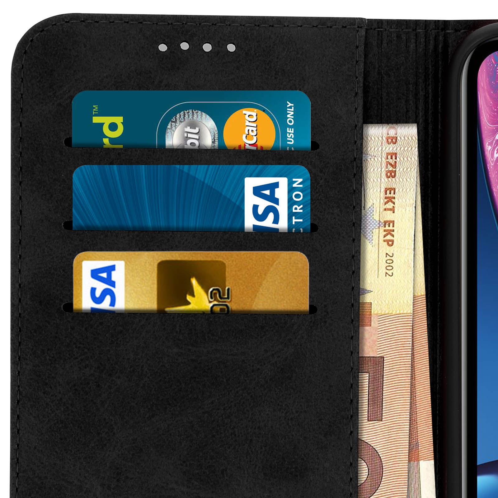 Primo piano di una custodia per telefono aperta con carte di credito, contanti e schermo.