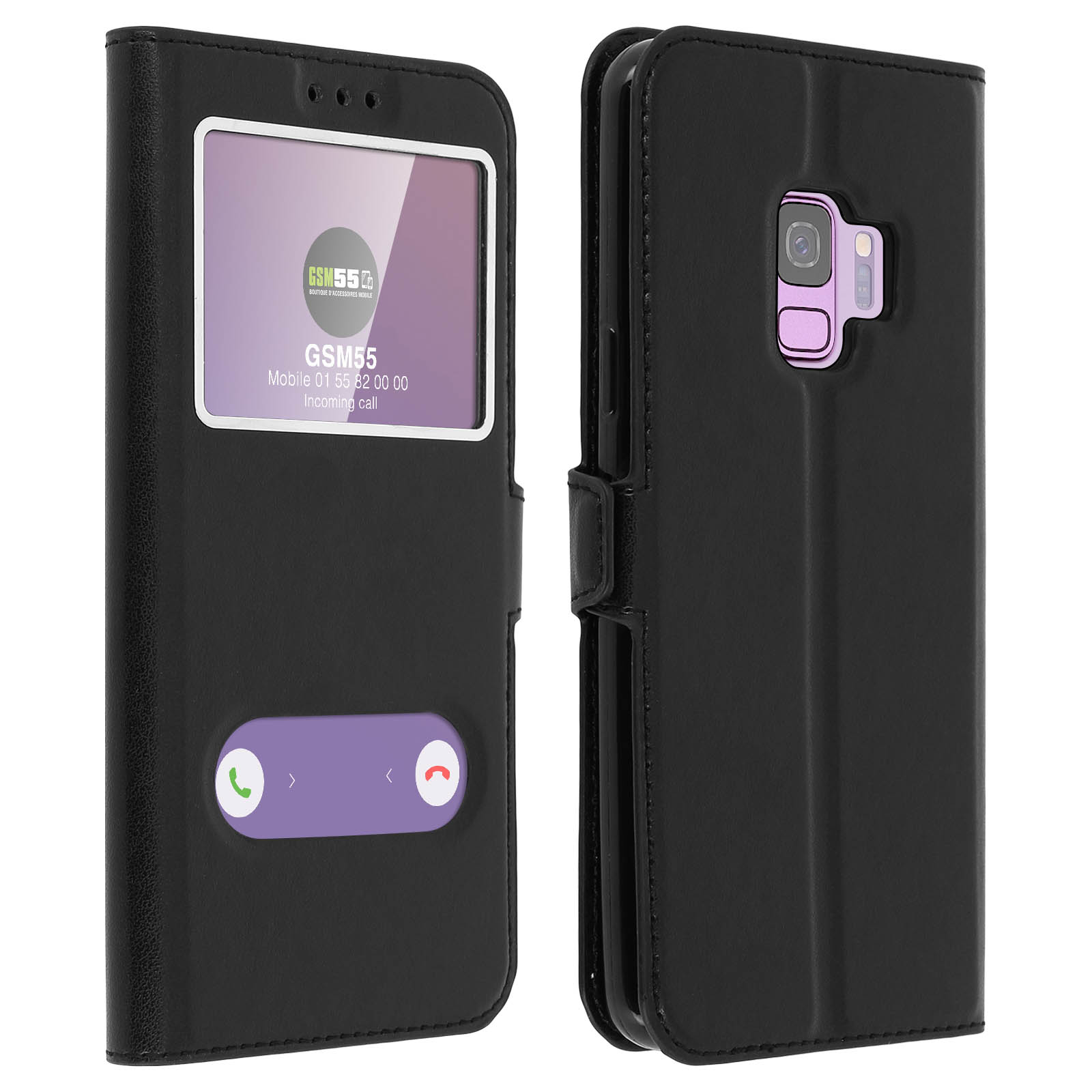 Una custodia per telefono nera aperta, che mostra uno schermo del telefono con un'interfaccia di chiamata. La custodia ha una finestra.