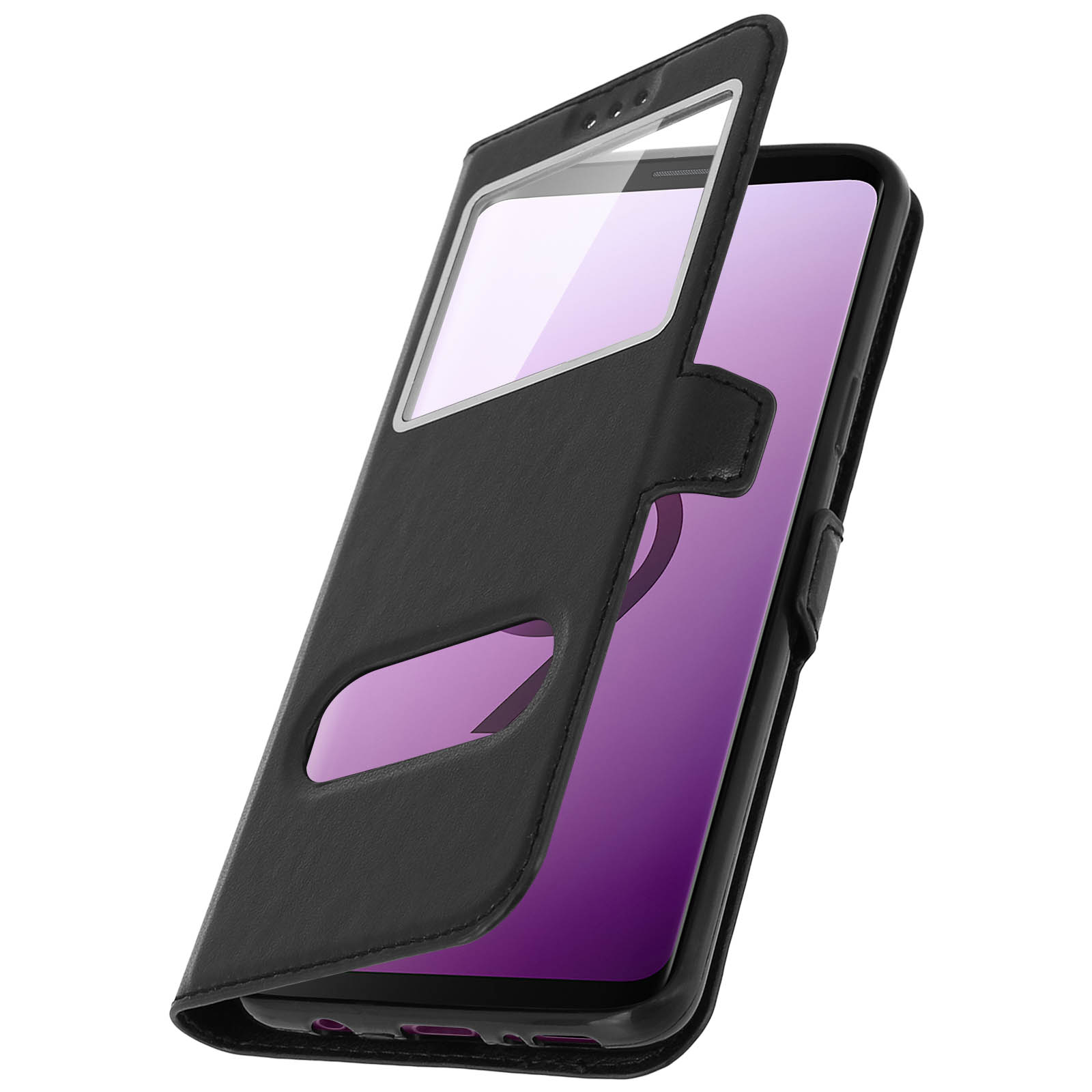 Custodia nera per telefono con apertura a finestra aperta, che rivela lo schermo del telefono. Il telefono mostra un'immagine viola.
