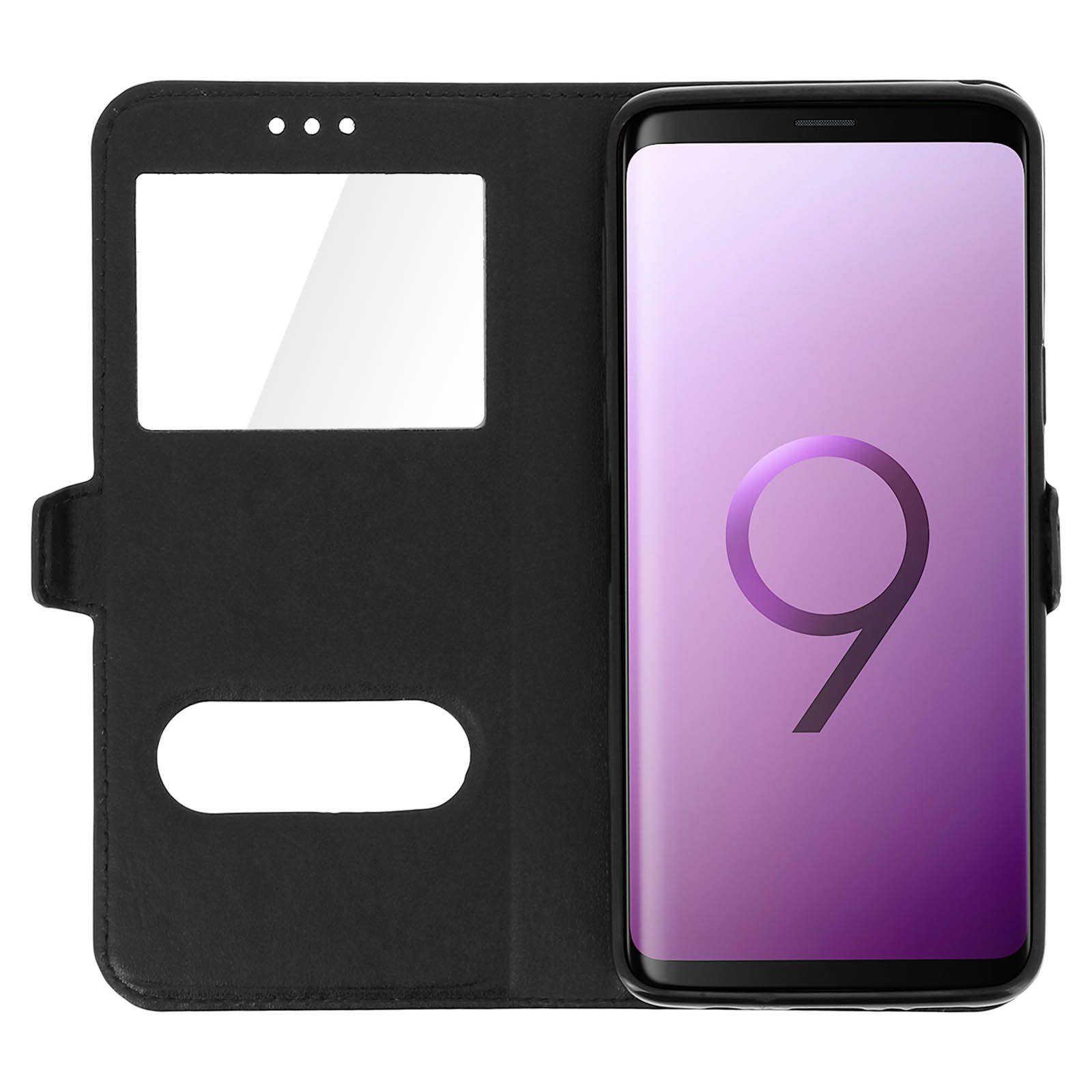 Telefono nero in una custodia nera, che mostra un grande nove viola. La custodia è aperta.