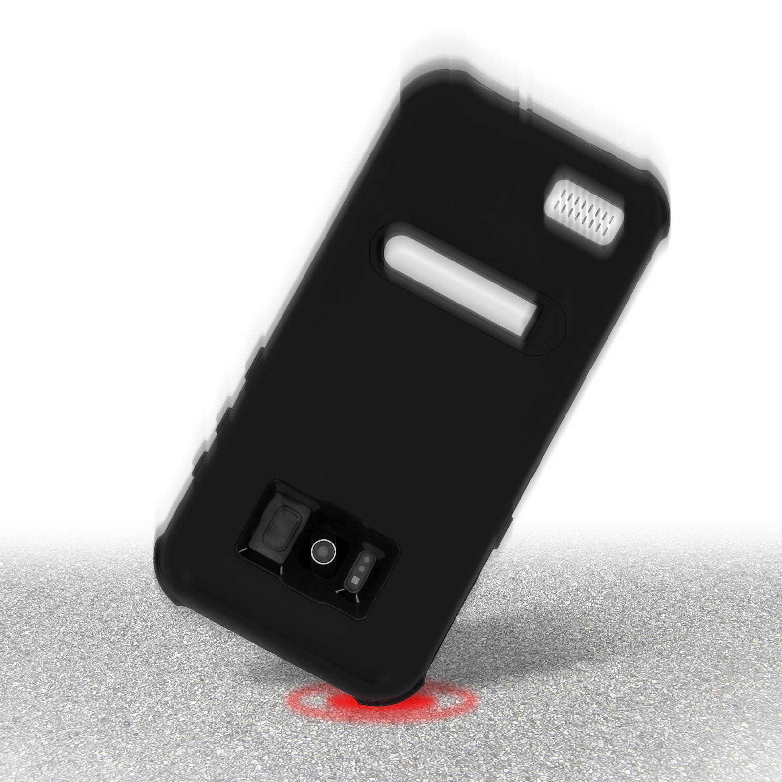 Funda de teléfono negra cayendo sobre una superficie. Aparece un círculo de impacto rojo.
