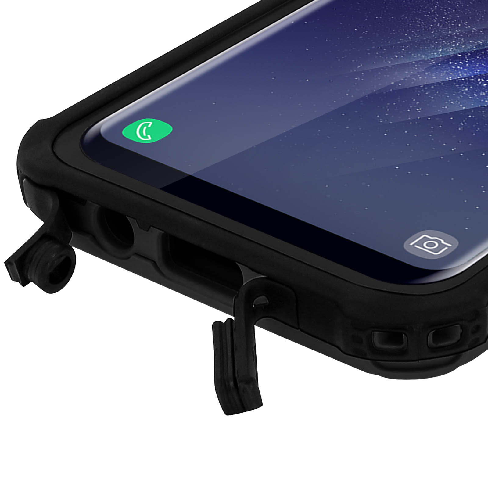 Funda de teléfono negra con puertos laterales y pantalla visible.