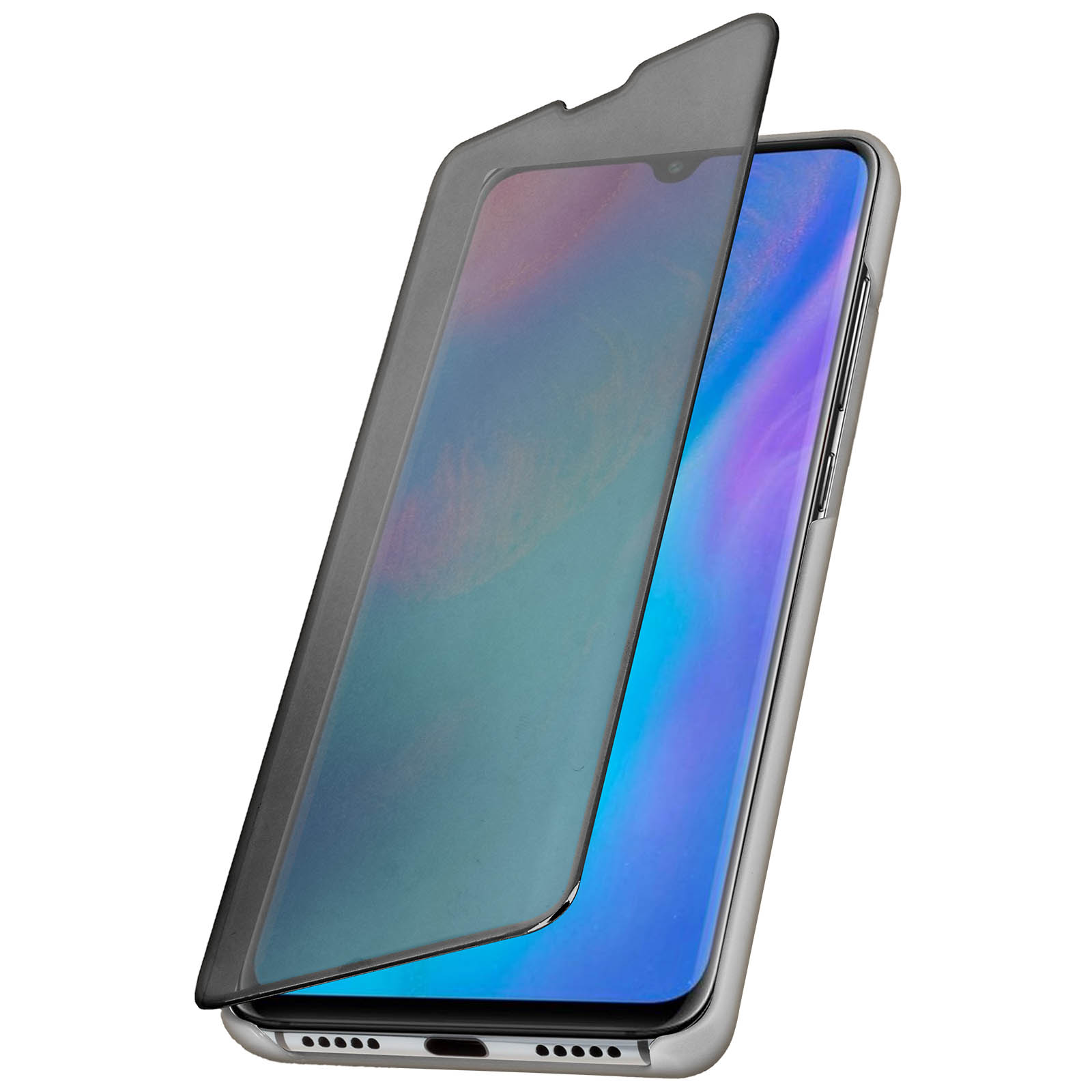 Un telefono con protezione schermo. La protezione è scura e parzialmente aperta.