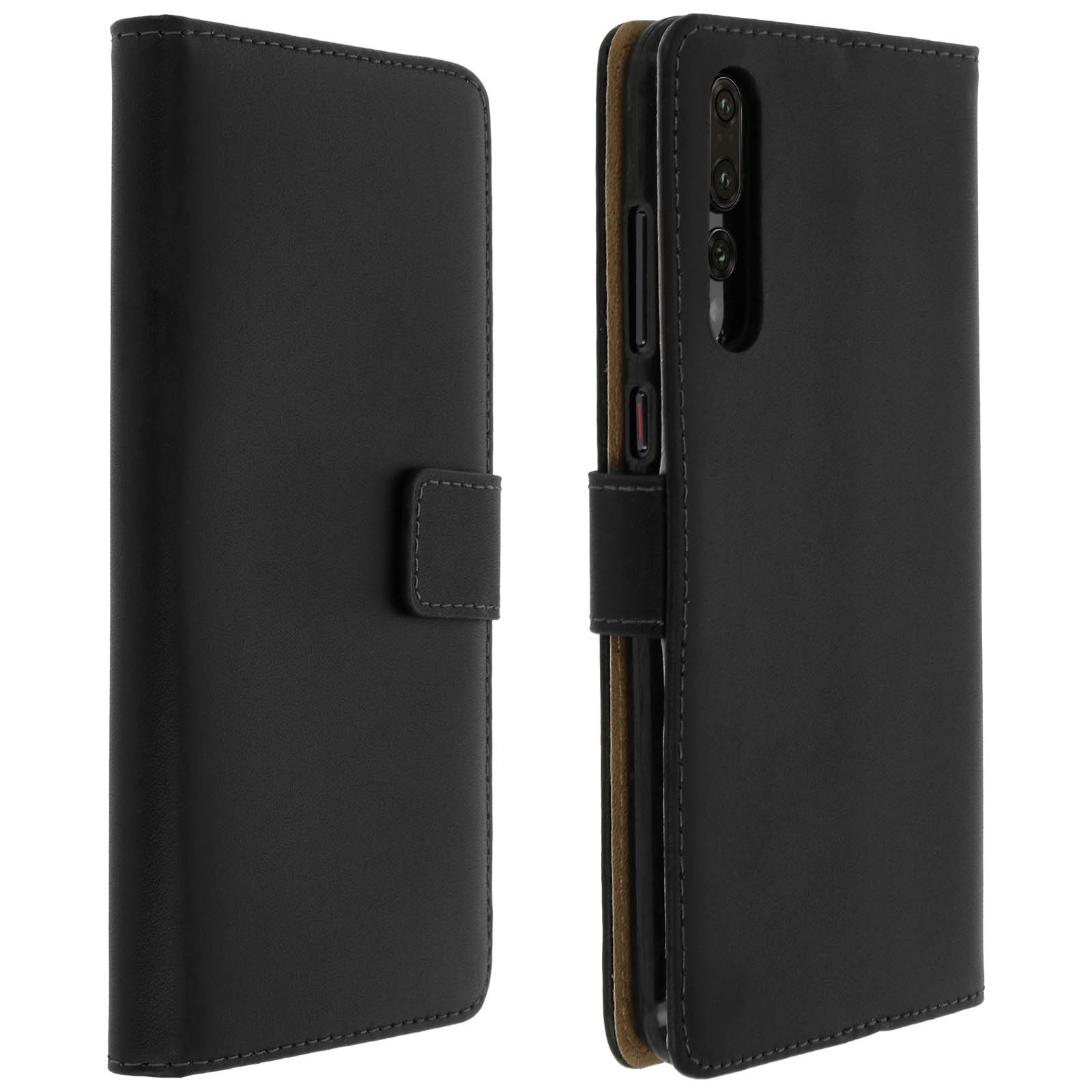 Custodia nera per telefono, aperta e chiusa. Mostra fotocamere e pulsanti. Chiusura magnetica.