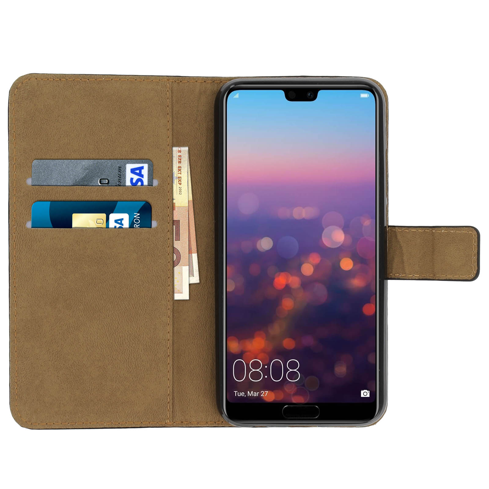 Telefono in una custodia a portafoglio marrone con carte, che mostra lo schermo del telefono con uno sfondo sfocato.
