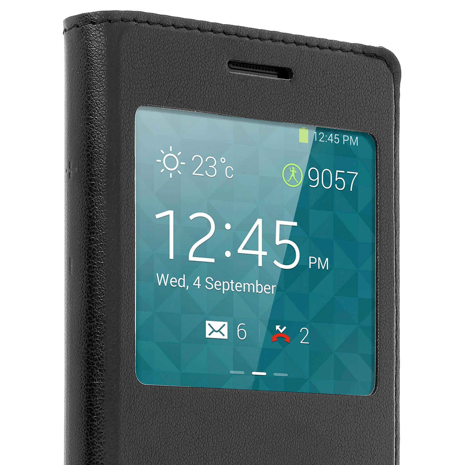 Custodia per telefono nera con display. Mostra ora, data, meteo e notifiche. Primo piano.