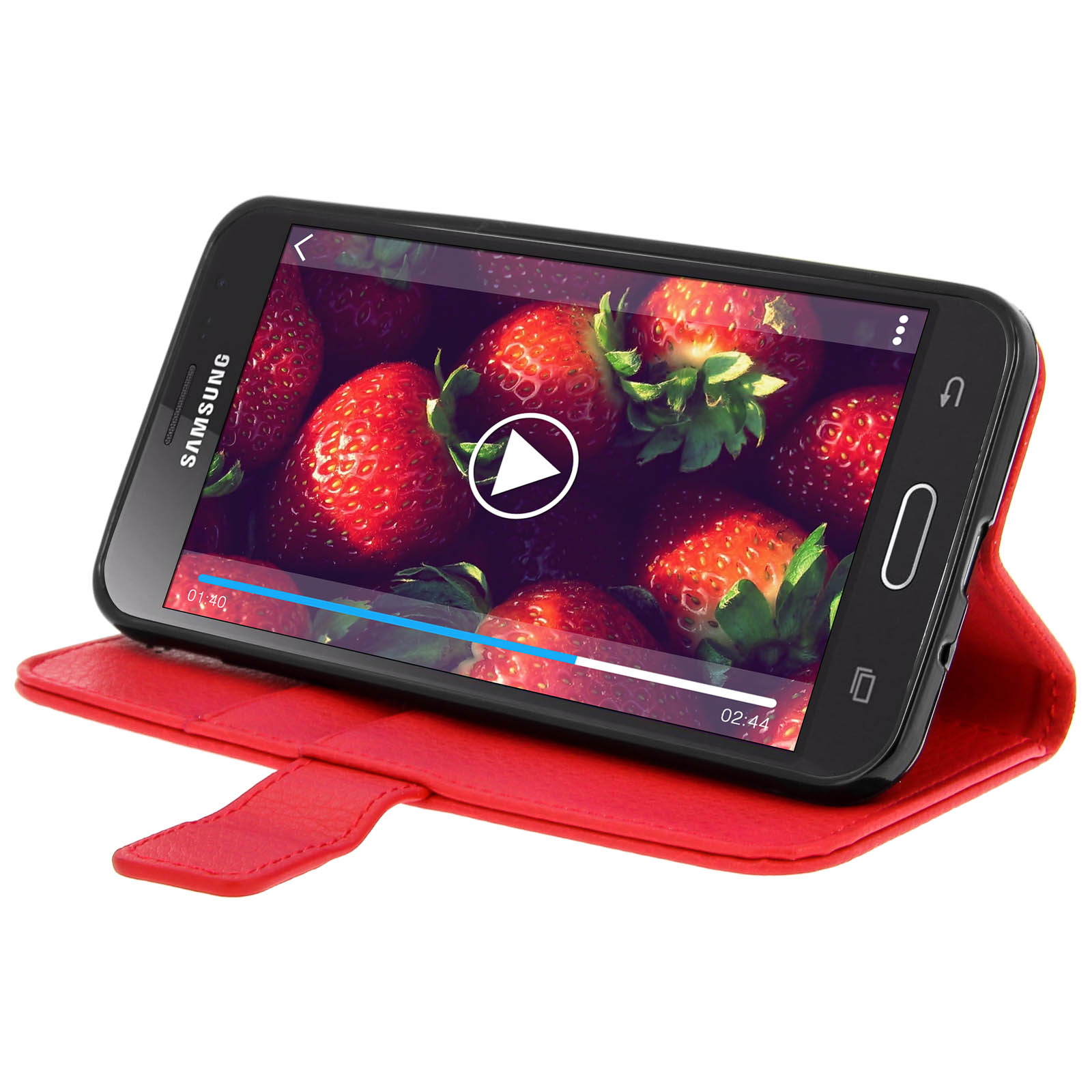 Telefono con video di fragole su custodia rossa. Custodia rossa aperta.