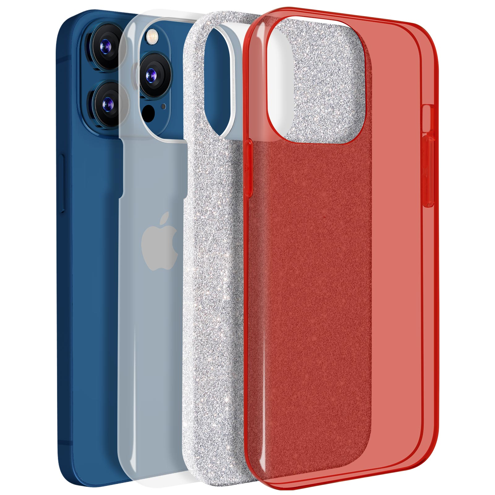 Quattro custodie per telefono: blu, trasparente, glitter argento e rossa. Sono impilate, i glitter in mezzo.